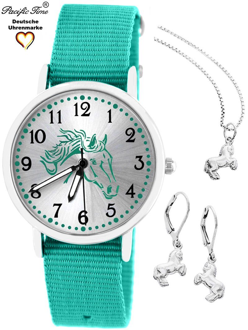 Pferd Design Quarzuhr Kinder 925er Gratis Time und Mix Match Schmuckset), Schmuckset, Versand türkis Armbanduhr Set - Pacific und (mit Wechselarmband