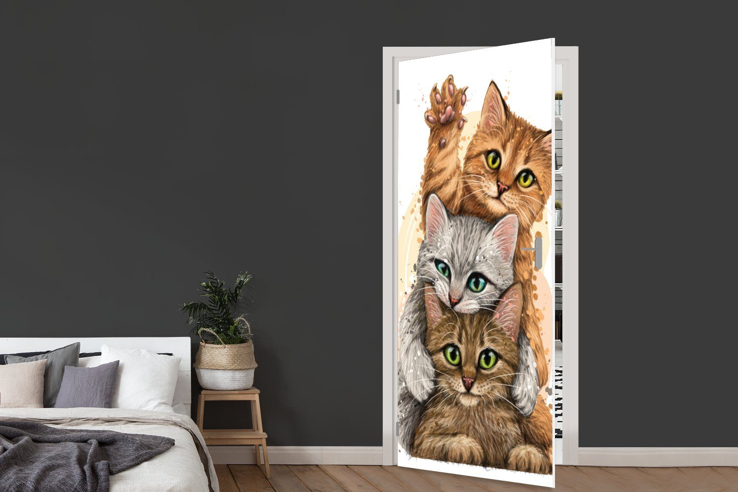 - Katze, - Türaufkleber, Haustiere MuchoWow St), 75x205 bedruckt, Illustration Matt, für (1 Katzen Tür, Fototapete cm Türtapete -