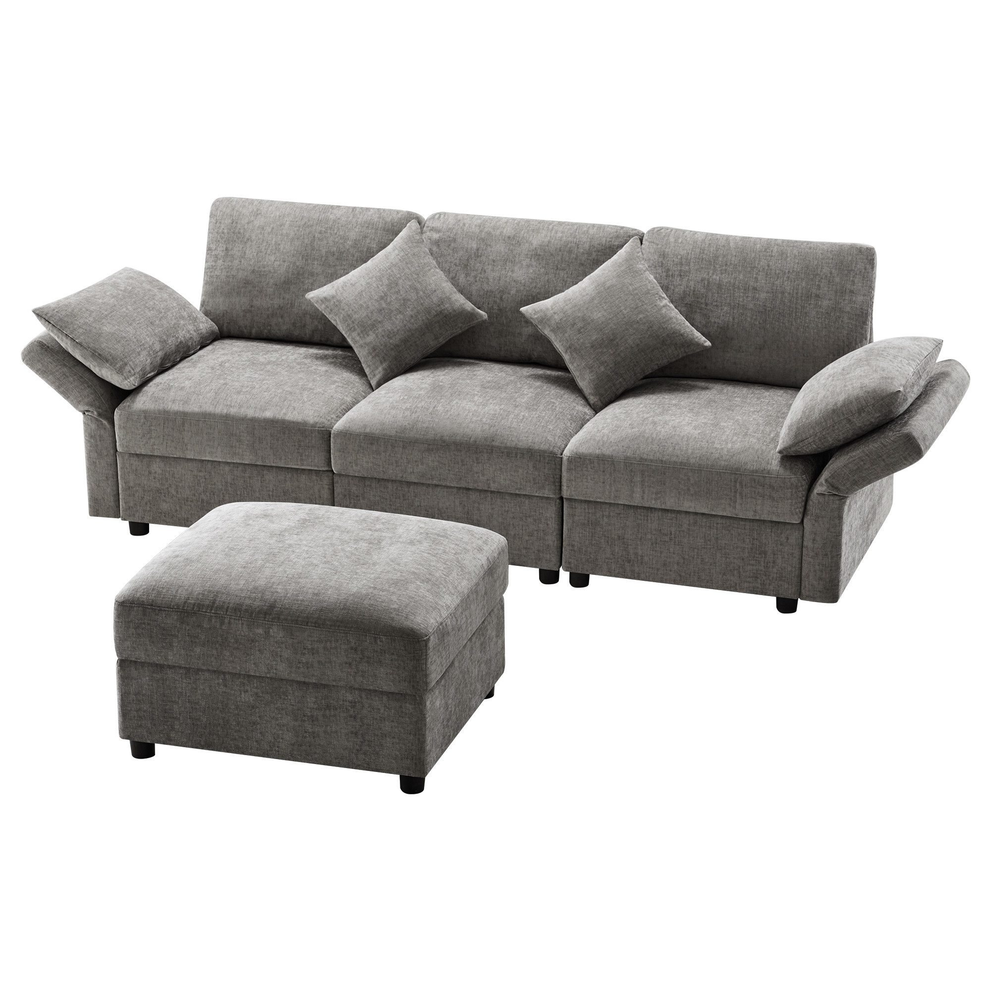 SOFTWEARY Ecksofa L-Form, L-förmig, mit Hocker, Zierkissen, Armlehnen verstellbar, Chenille