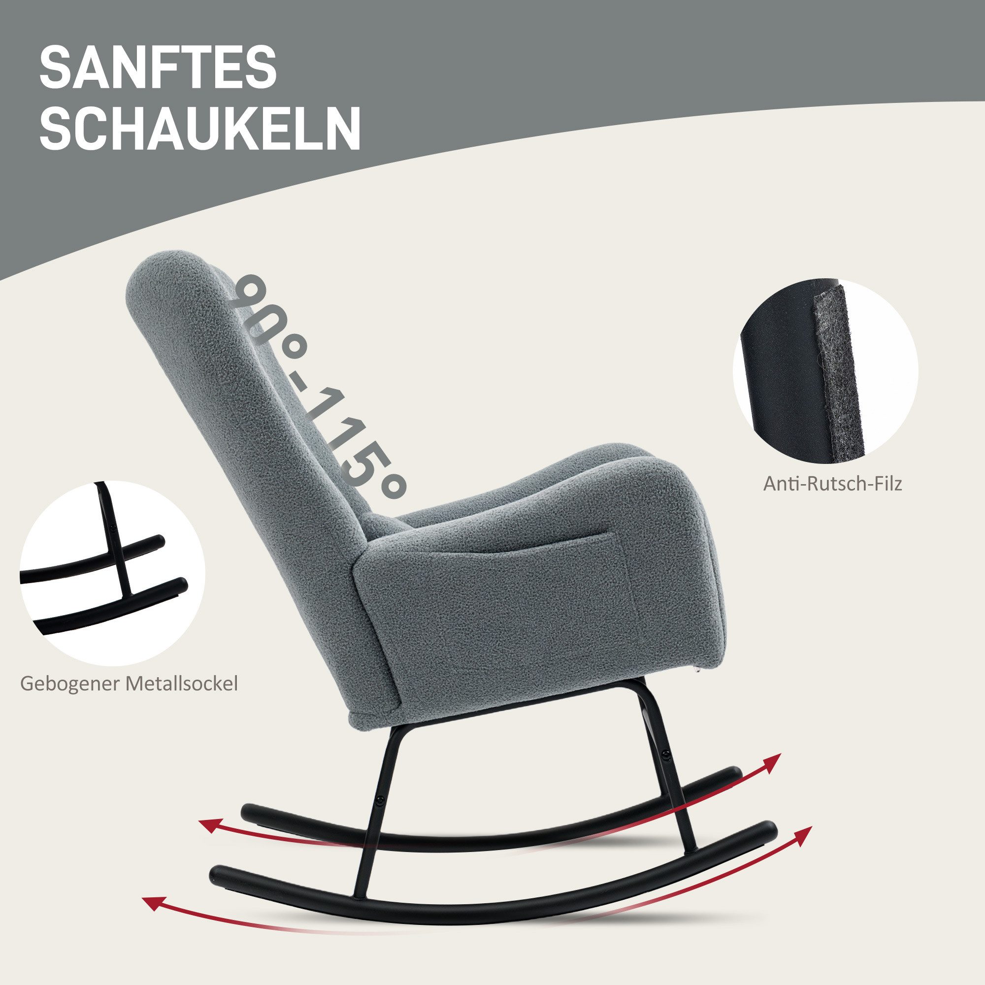 HOMCOM Schaukelstuhl Schaukelsessel mit Teddystoff-Optik, Armlehne, Stillsessel (Relaxsessel, 1 St), mit Seitentasche für Wohnzimmer, Schlafzimmer, Grau – Bild 4 von 5