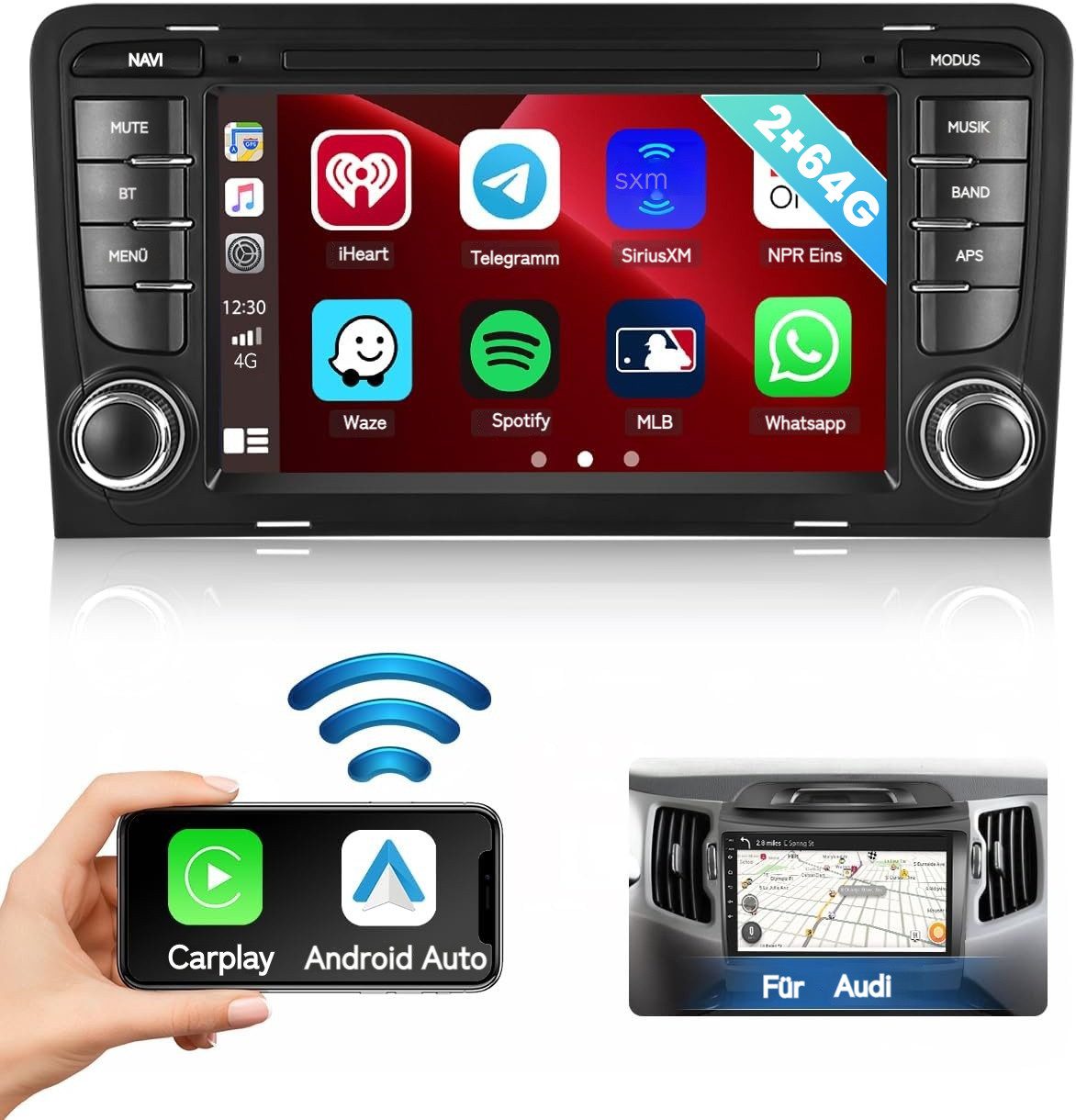 Android 13 7 Zoll 2Din Autoradio für Audi A3,GPS,2G DDR3+64G Autoradio