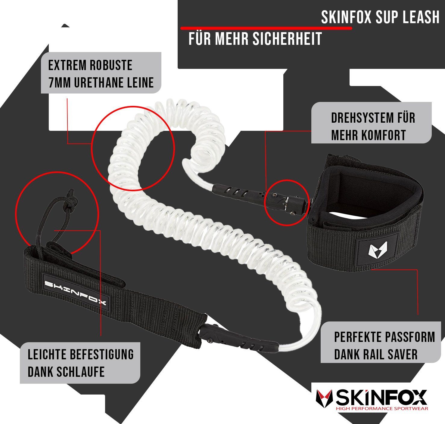 Skinfox SUP-Leash SKINFOX Leash Stand Leine Coiled Paddle und Fussleine Surfboard Up für Board SUP