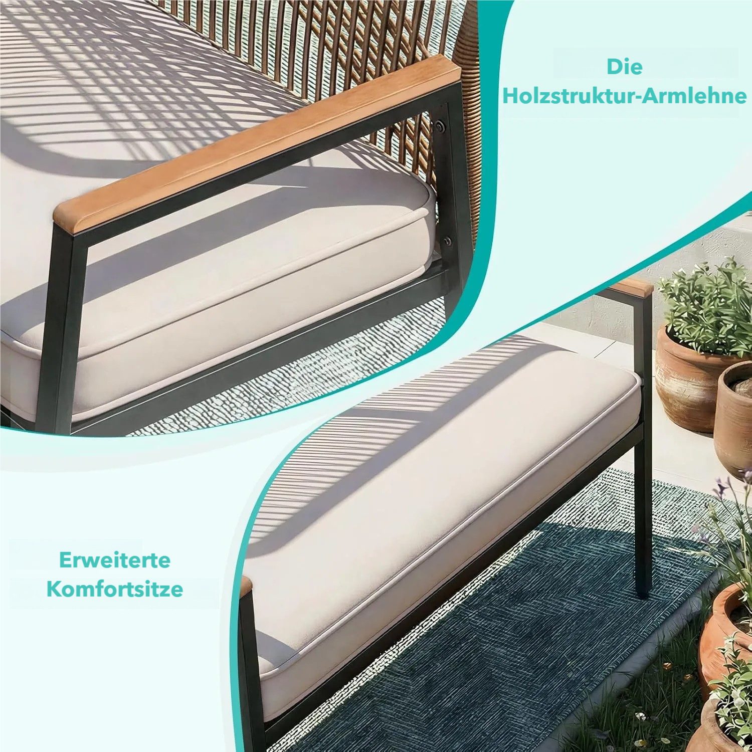 TLGREEN Gartenbank Rattan,2-Sitzer Gartenstuhl Polyrattan,Sitzbank Outdoor, (Gartenmöbel mit 8 cm dicken Sitzkissen, WPC Armrest), für Terrasse, Garten, Veranda