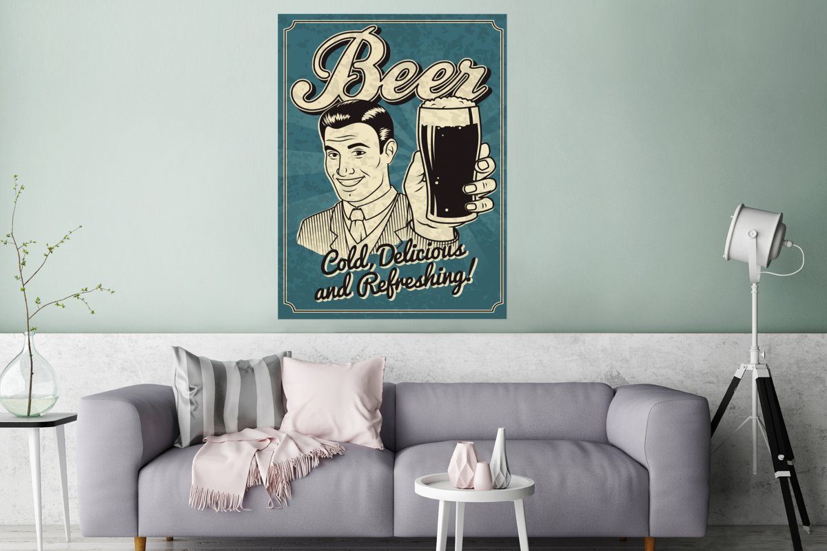 Bier, Deko, Schlafzimmer, (1 Vintage-Illustration Papier Wohnzimmer, Wandbild, MuchoWow Poster Qualitätsdruck St), Dickes