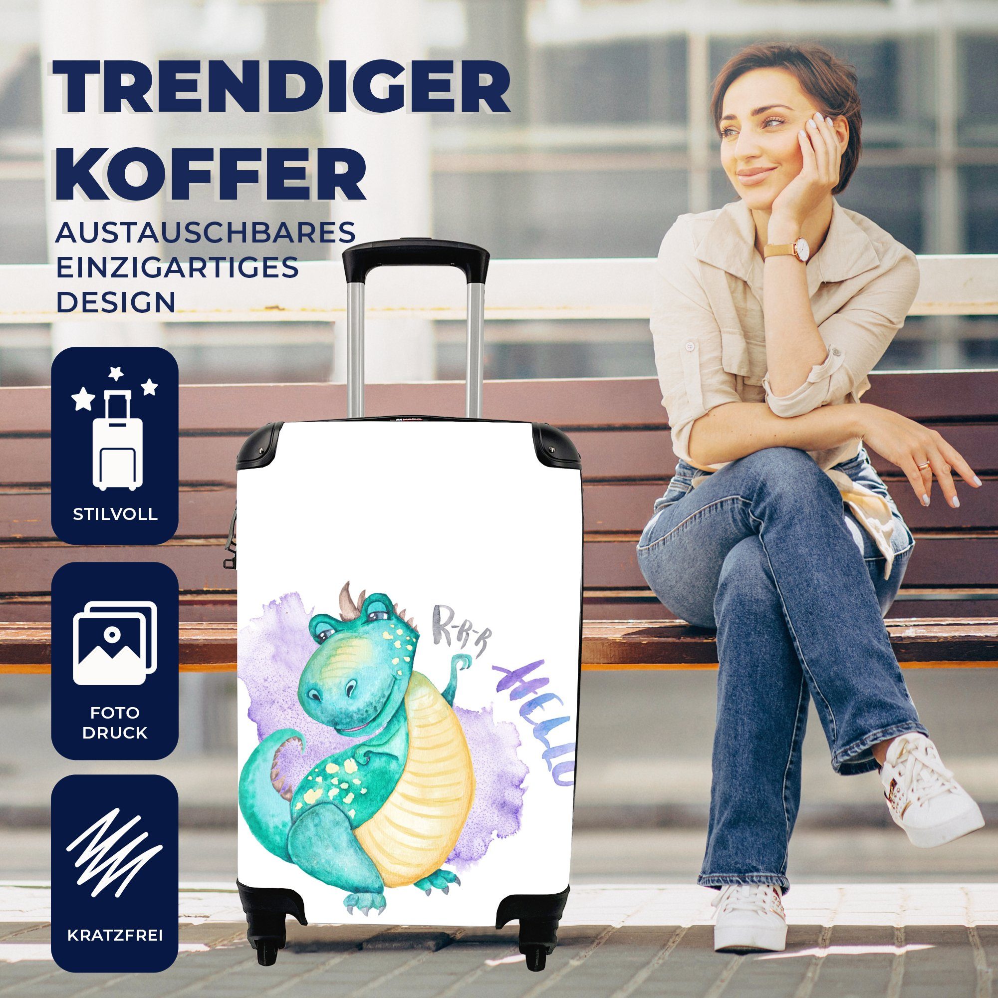 - Kinderzimmer Handgepäck Trolley, Mädchen - - rollen, Ferien, - - Weiß Jungen MuchoWow Kinder, Rollen, Dinosaurier Reisetasche für Reisekoffer mit 4 Handgepäckkoffer