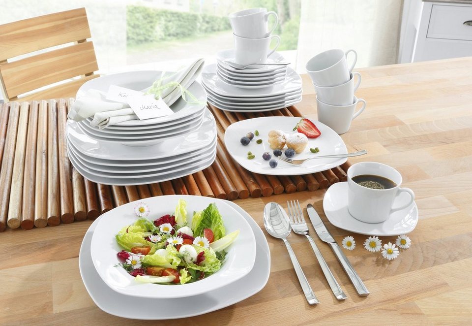 CreaTable Kombiservice Geschirr-Set Amelie (30-tlg), 6 Personen, Porzellan,  Service, weiß, quadratische Form, 30 Teile, für 6 Personen,  Spülmaschinenfest und mikrowellengeeigent