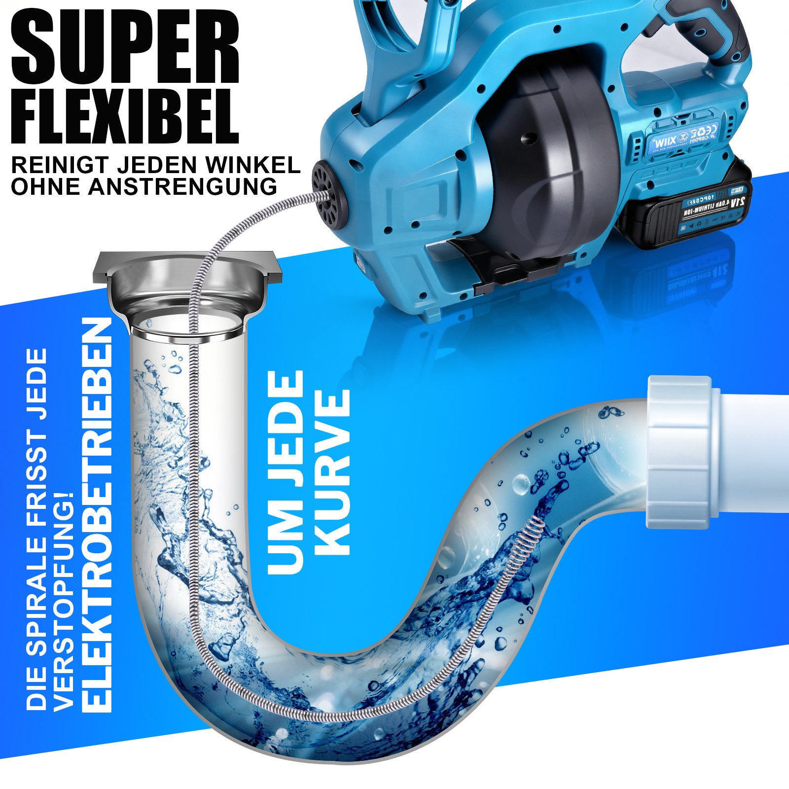 XERSEK Akku-Rohrreiniger Rohrreinigungsmaschine Abflussspirale Stufenlose Drehzahl & Rücklauf, 650 U/min, 7,6 m (Kompatibel mit Makita 18V, Spirallänge Ø 7 mm für Rohre 19-85mm), Abflussreiniger Ideal für Verstopfungen in WC, Dusche, Küche, Abfluss
