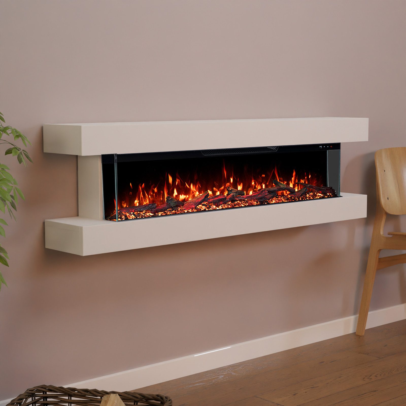 GF Core Elektrokamin Clear Wall Elektrokamin mit 3D Feuer und Heizung (Thermostat), Elektrischer Wandkamin mit APP Steuerung, Heizleistung (900- 1800 W)