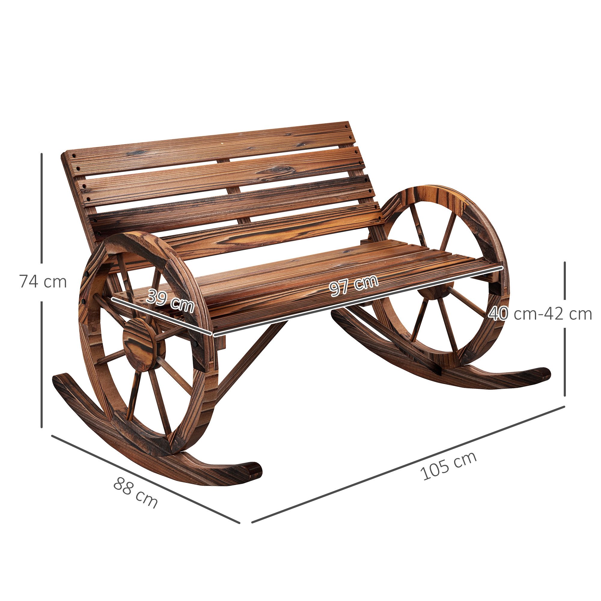 Outsunny Schaukelstuhl Schaukelbank aus Holz, Schwingbank mit Armlehne, 2 Sitzer (Holzbank, 1 St), bis 240 kg belastbar, Verkohlt, 105 x 88 x 74 cm