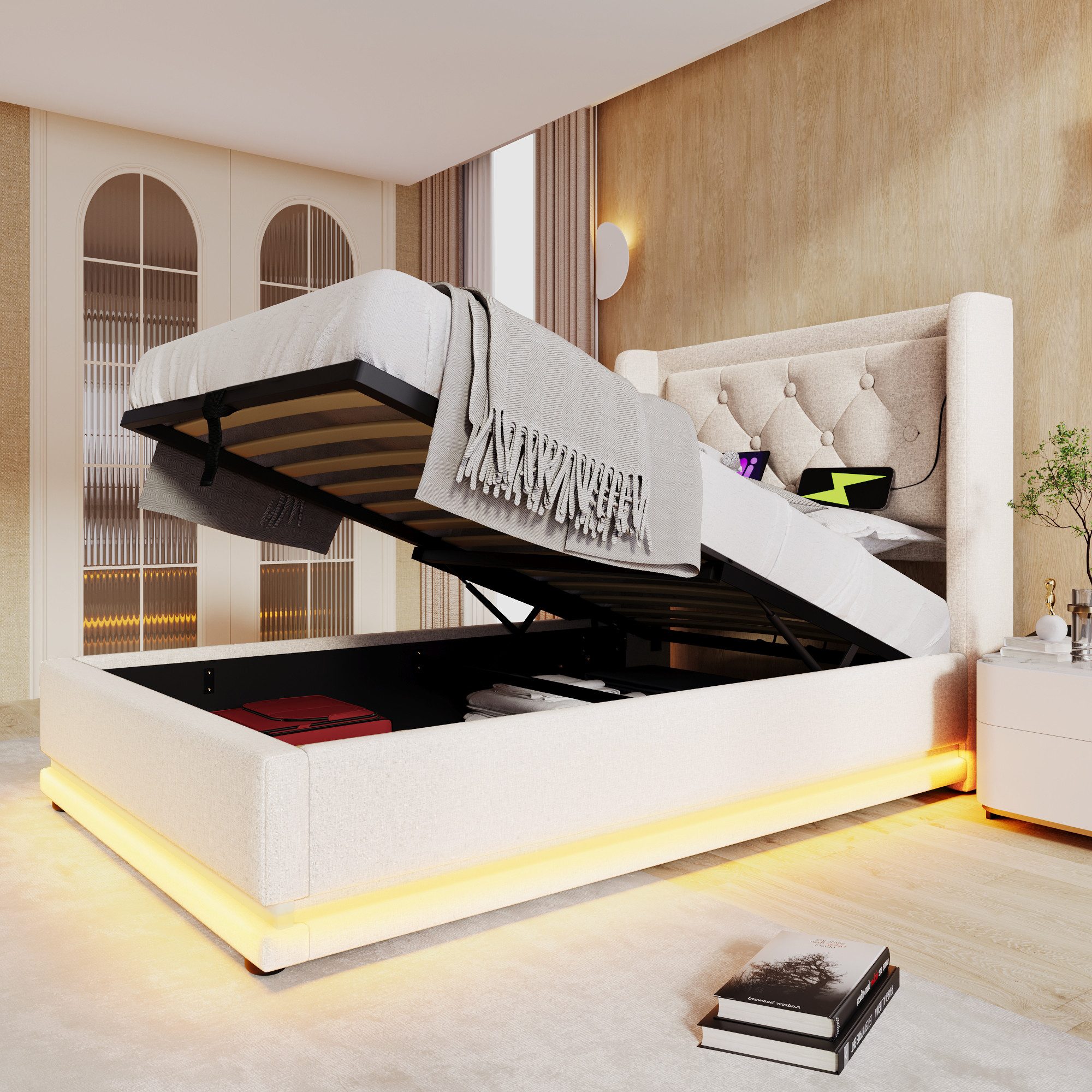Flieks Polsterbett, LED Hydraulisches Stauraumbett Einzelbett 90x200cm mit günstig online kaufen