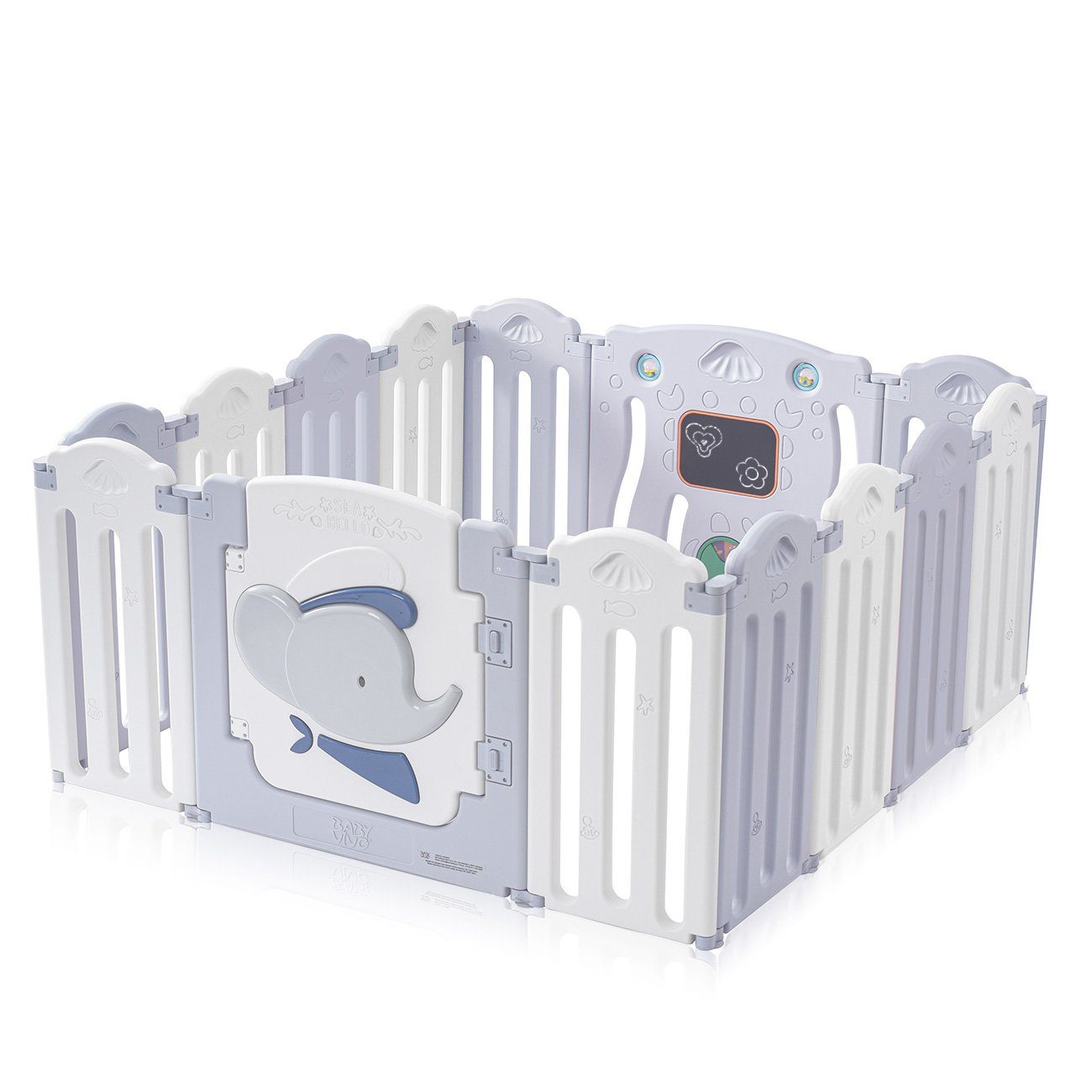 Baby Vivo Laufstall Laufgitter aus Kunststoff Faltbar - Kapitän Benjamin in Grau und Weiß