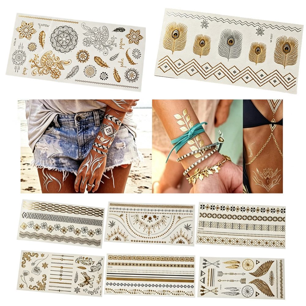 AFKSMILE Schmuck-Tattoo 8 Blätter Temporäre Tattoos, Glitzer Festival Tattoos Gold Wasserdicht, Für Frauen Jugendliche Mädchen Halloween Festival Party Accessoire