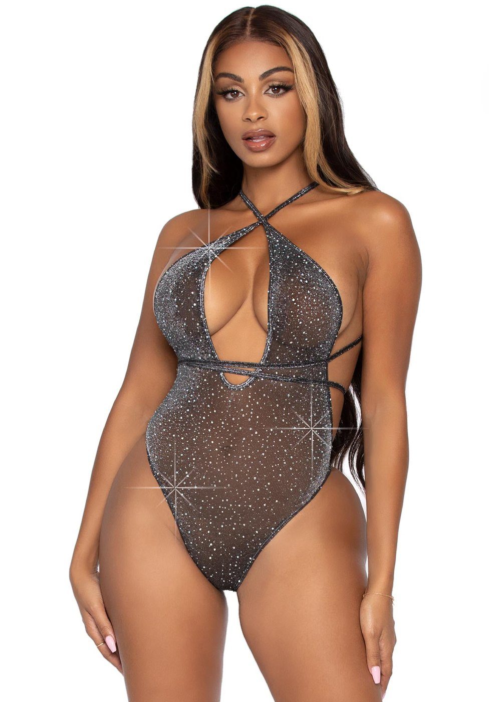 Leg Avenue Body Glitzer Body mit Schmucksteinen - schwarz, silber (1-tlg) transparent