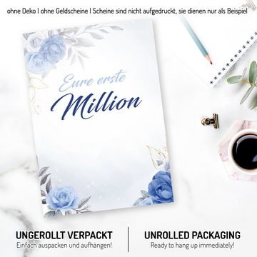 Kreative Feder Poster Premium Poster „Eure erste Million“ - Kunstdruck mit blauen Rosen, optional mit Rahmen; wahlweise DIN A4 oder DIN A3