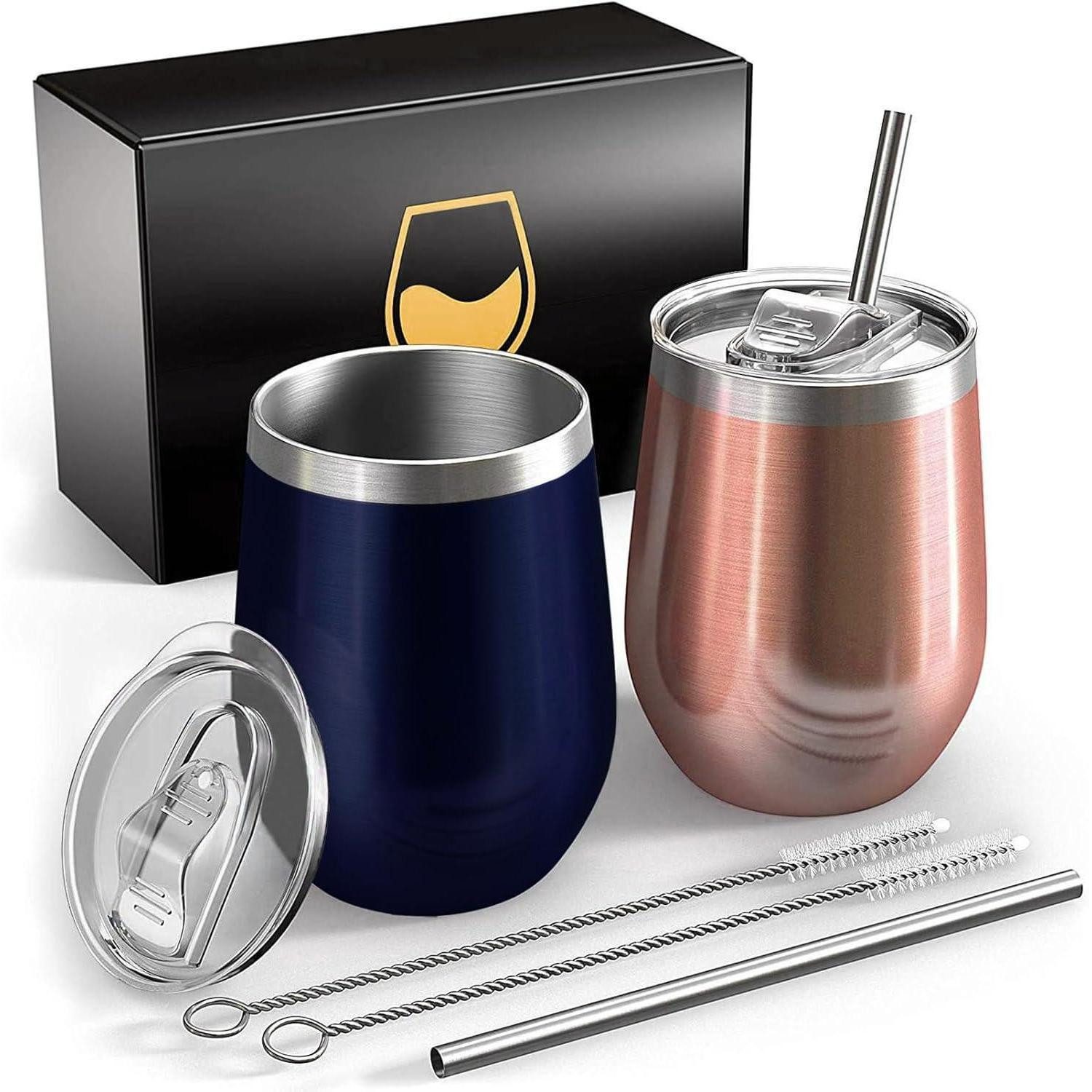 LuxusKollektion Weinglas Weinbecher Edelstahl 2er 12OZ vakuumisoliert Dunkelblau + Roségold, Metall