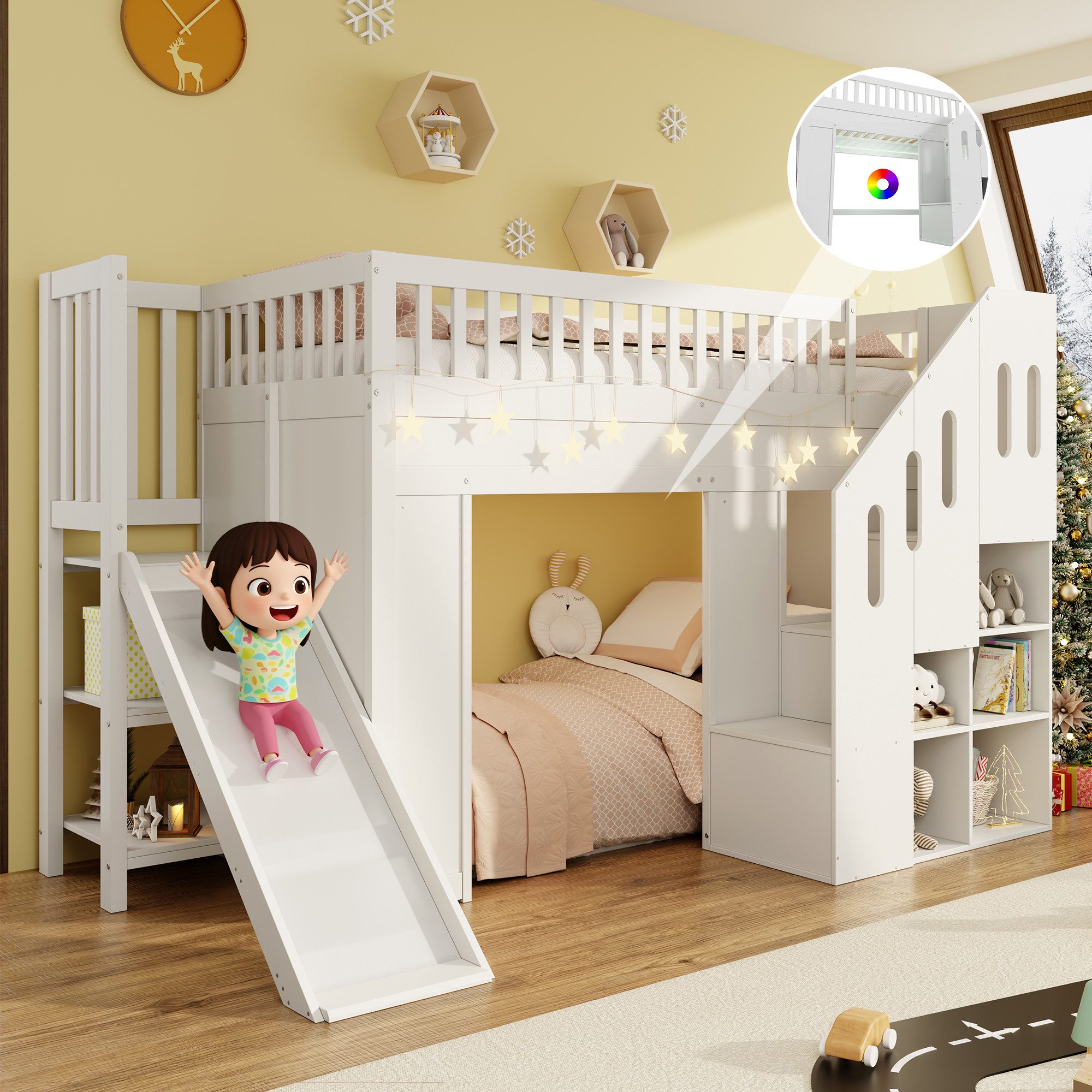 Odikalo Kinderbett Hochbett Etagenbett 90x200 mit Rutsche (90x200 cm mit Rutsche, Rausfallschutz und Stauraumtreppe, Jugendbett, mit LED-Lichtleiste, Massivholz, weiß)