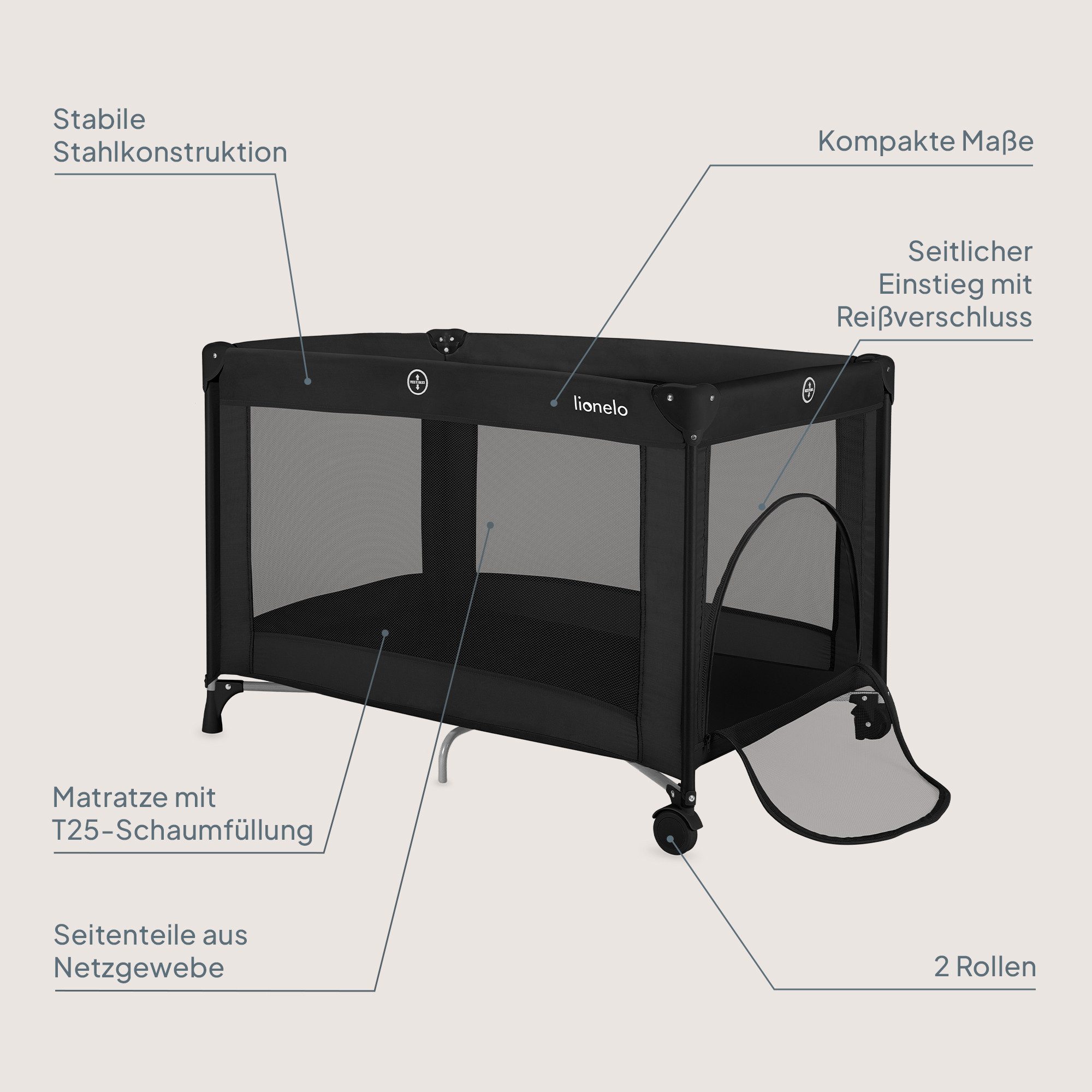 lionelo Reisebett AMELIE (Set, Reisebett / 2-cm-Matratze / Tragetasche) Kompakt/leicht/2cmMatratze/Seiteneingang/Netzseiten