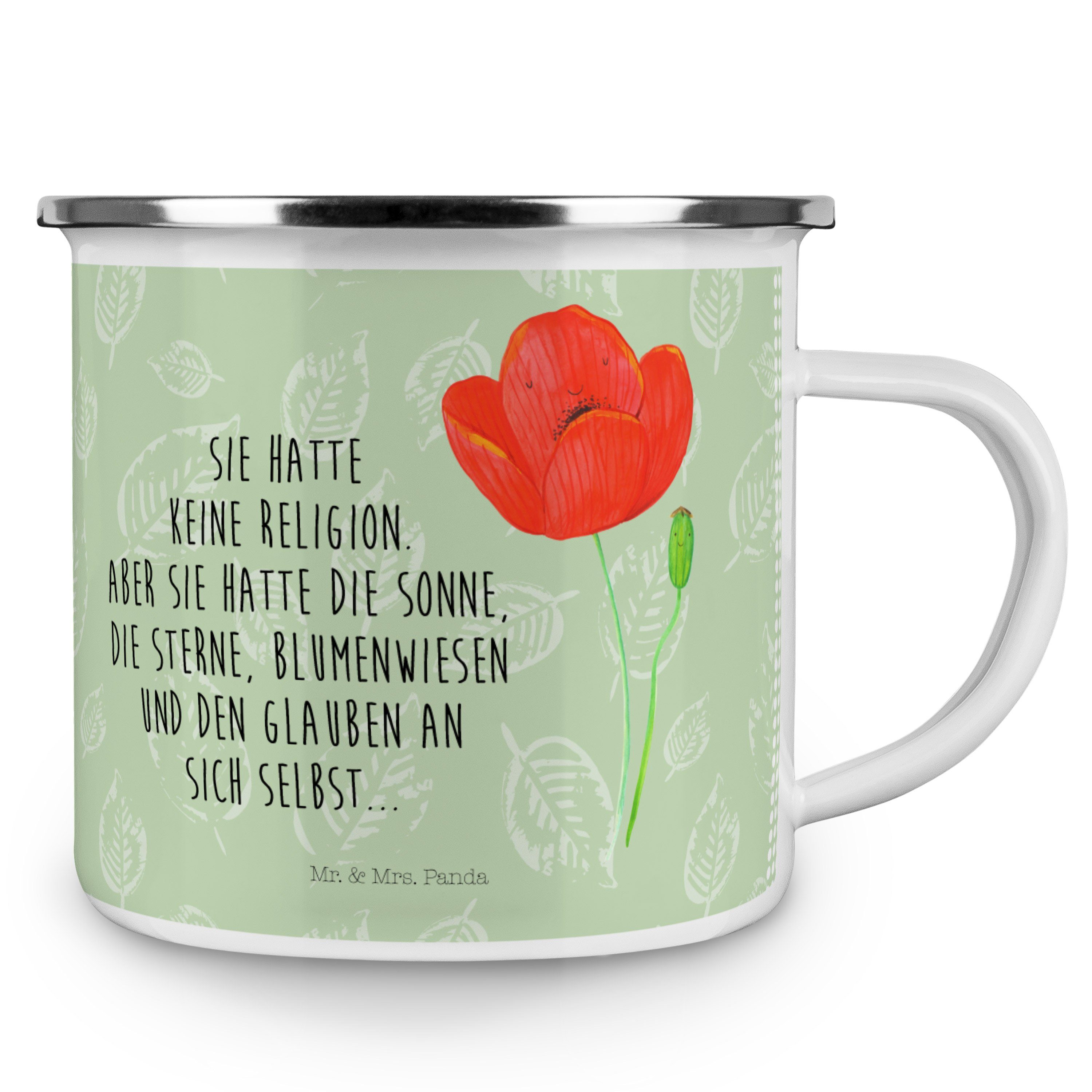 Mr. & Mrs. Panda Becher - Blattgrün Mohnblume Trinkb, Geschenk, - Emaille Kaffee Blechtasse, Edelstahl