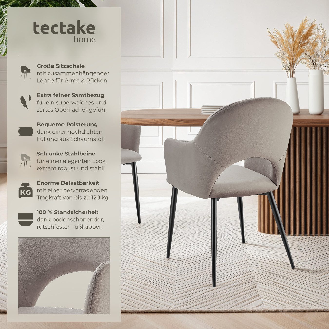 tectake Esszimmerstuhl Armlehnstuhl Sachel, Samtoptik, gepolstert, Belastba günstig online kaufen