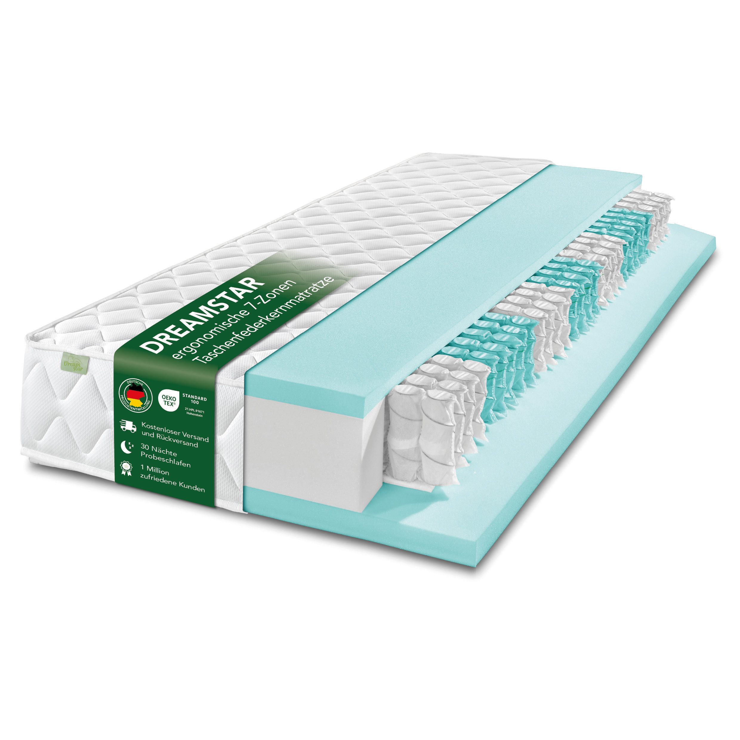 Taschenfederkernmatratze Ergo Flex, 7-Zonen Federkernmatratze, ergonomische Wendematratze H2/H3, Dreamstar, 22 cm hoch, punktelastisch, anpassungsfähig, atmungsaktiv (Höhe 17 cm und 22 cm)