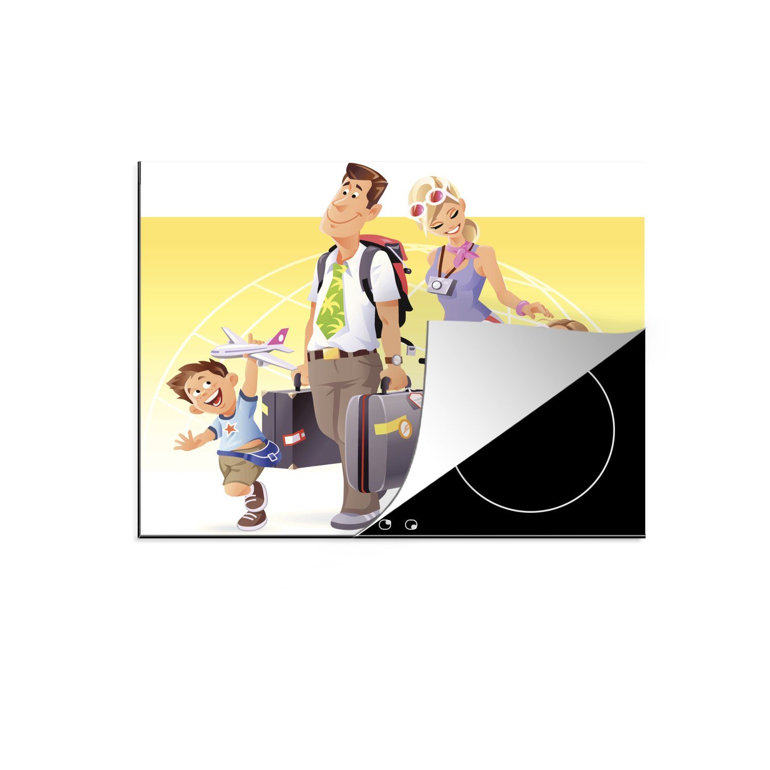 MuchoWow Herdblende-/Abdeckplatte Illustration einer Familie, die in den Urlaub fährt, Vinyl, (1 tlg), 60x52 cm, Mobile Arbeitsfläche nutzbar, Ceranfeldabdeckung | Herdabdeckplatten