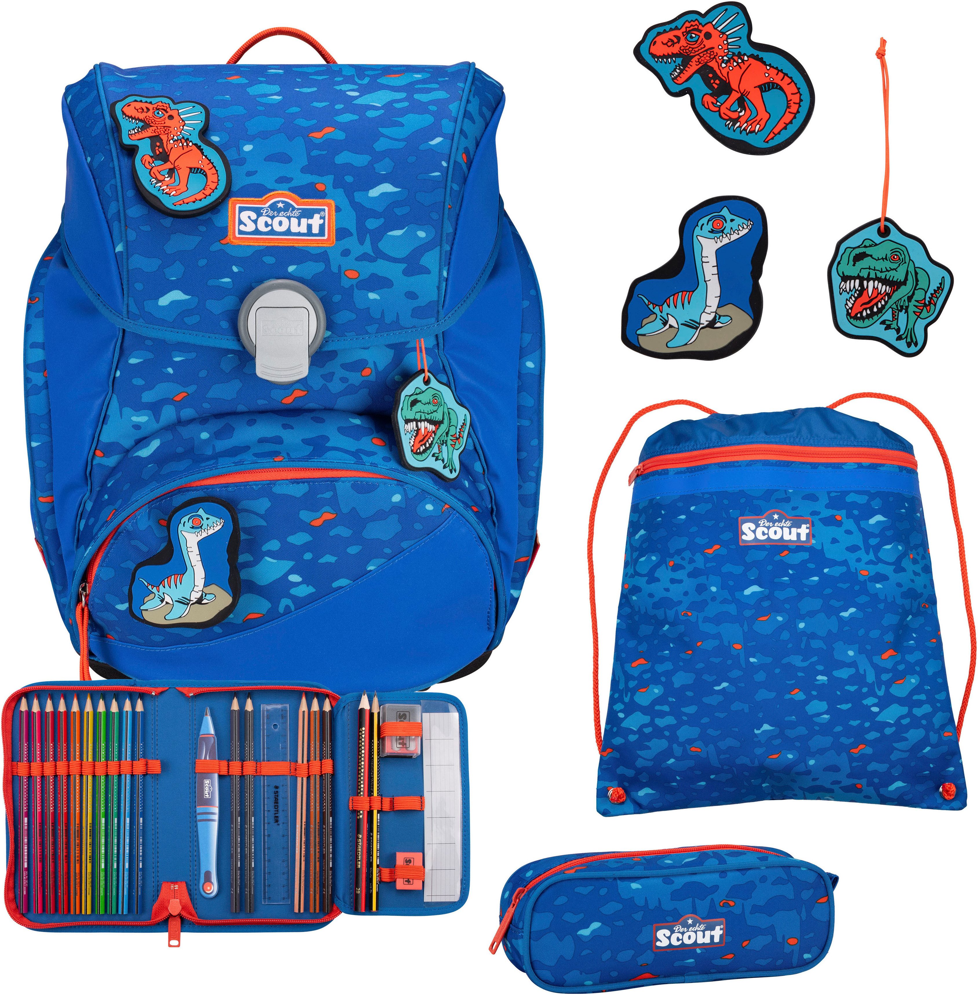 Scout Schulranzen Alpha Superflash, Blue Dino (Set, 4-tlg), mit retrorefl. Flächen & 2 Funny Snaps; enthält recyceltes Material