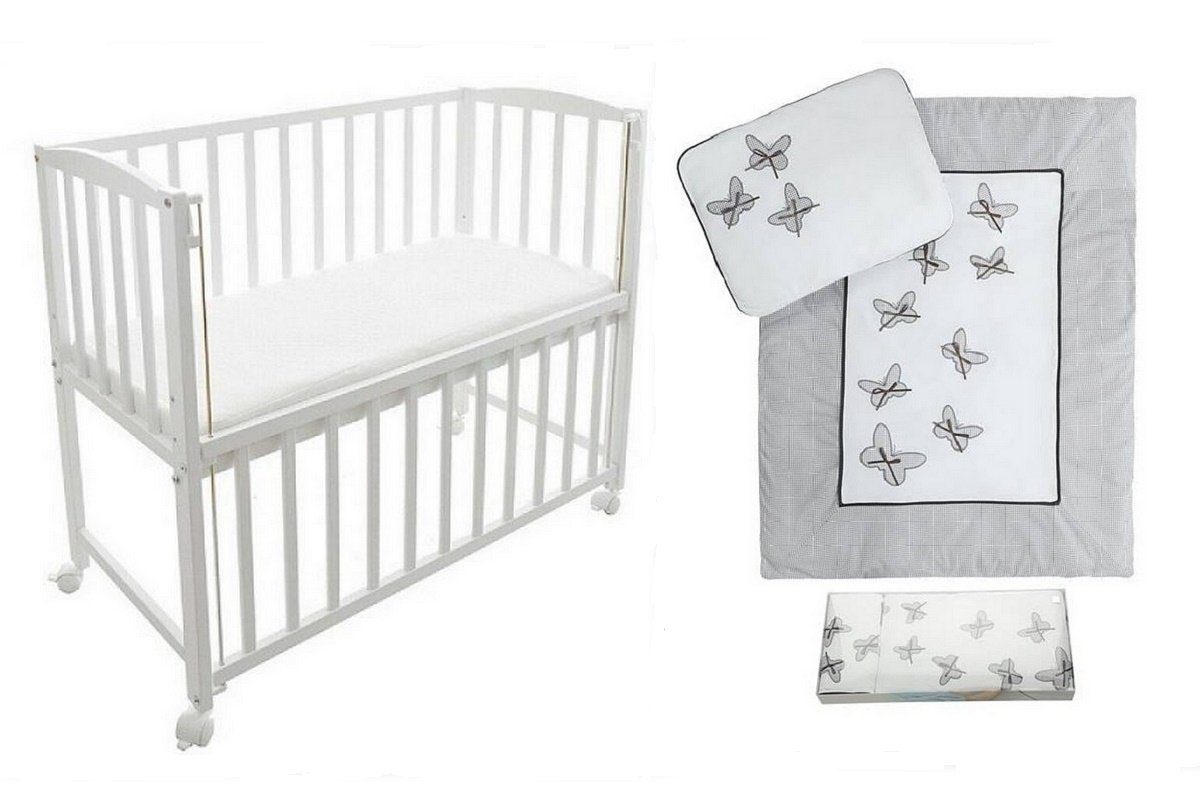 Babyhafen Beistellbett Babybett 40x90 cm Schmetterlinge, Seemann Matratze Rollen Kiefer, Bio Baumwolle