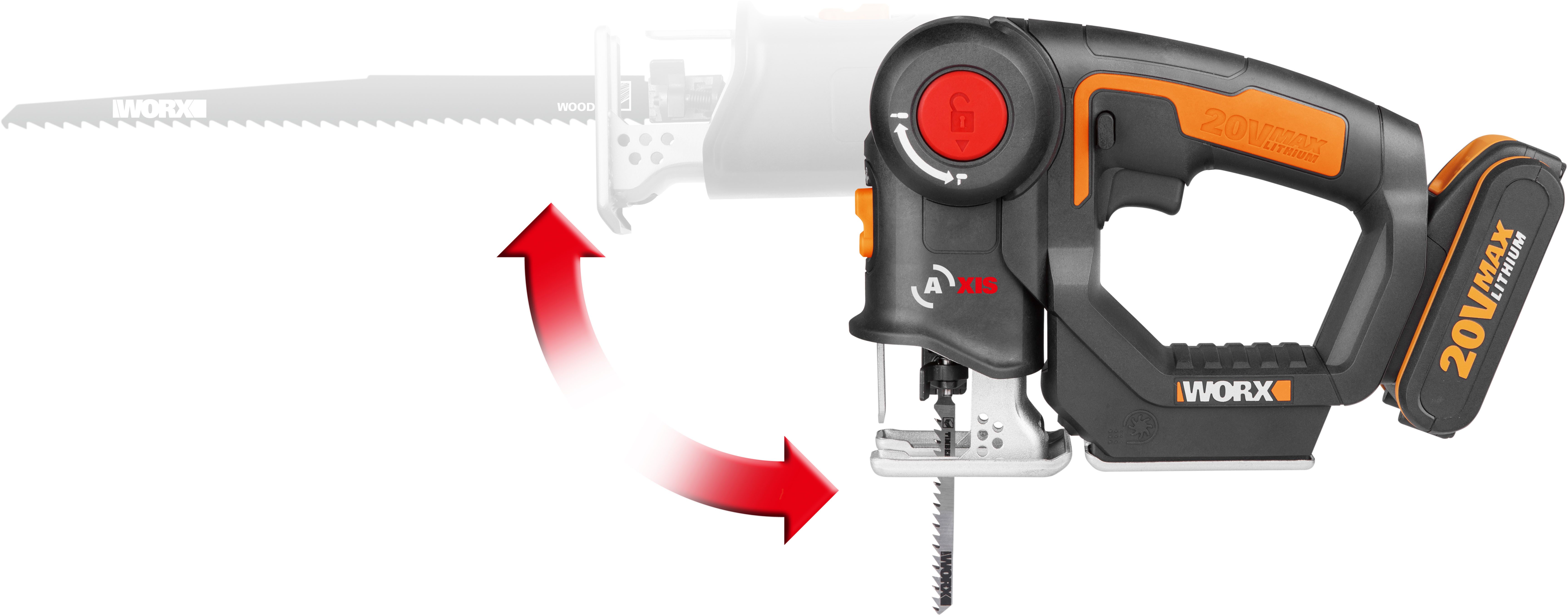 Worx Akku-Stichsäge WX550 Axis, Profi 2-in-1 Pendelhub Stich- & Säbelsäge, inkl. Akku & Ladegerät