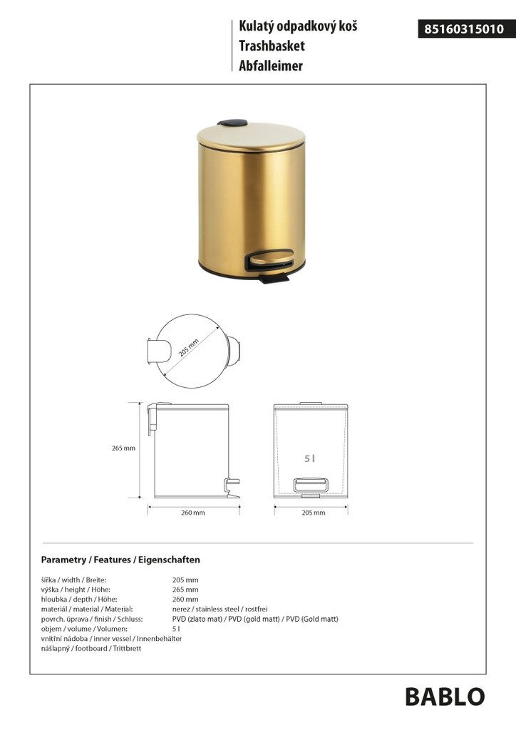 BRILLANTBAD® Mülleimer BABLO Abfalleimer Edelstahl Gold matt für Bad & Küche >> Freistehend