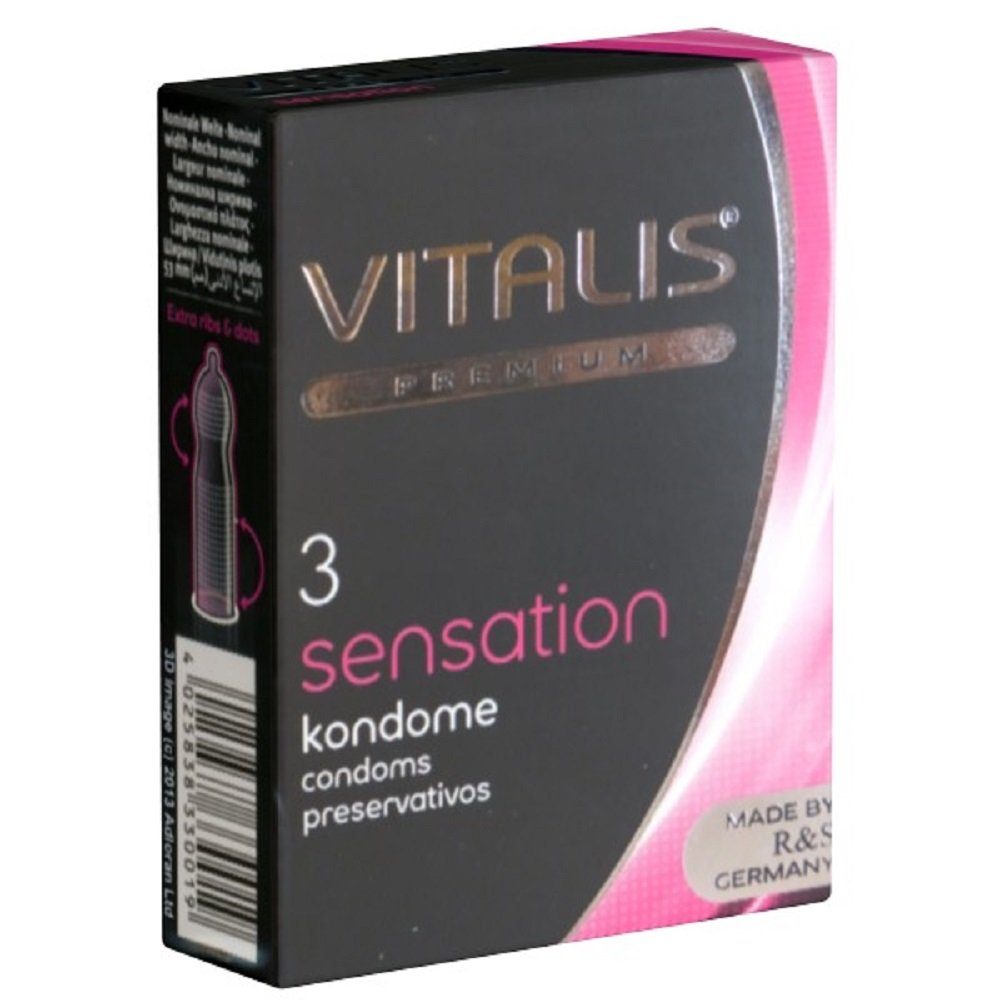 VITALIS Kondome Vitalis PREMIUM «Sensation» Kondome mit 3-in-1 Effekt Packung mit, 3 St., mehr Lust, intensive Orgasmen, zuverlässig, sicher und angenehm im Gebrauch