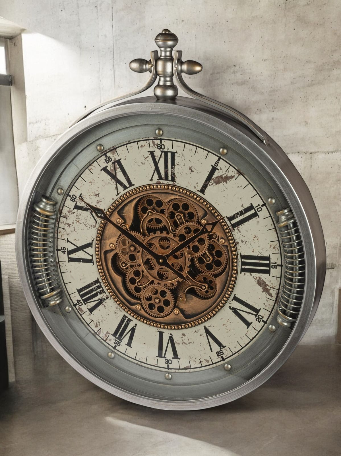 formano Wanduhr XXL Antique 80x66cm Metallgehäuse Uhr mit beweglichen Zahnrädern (Sichtbar bewegliche Zahnräder)