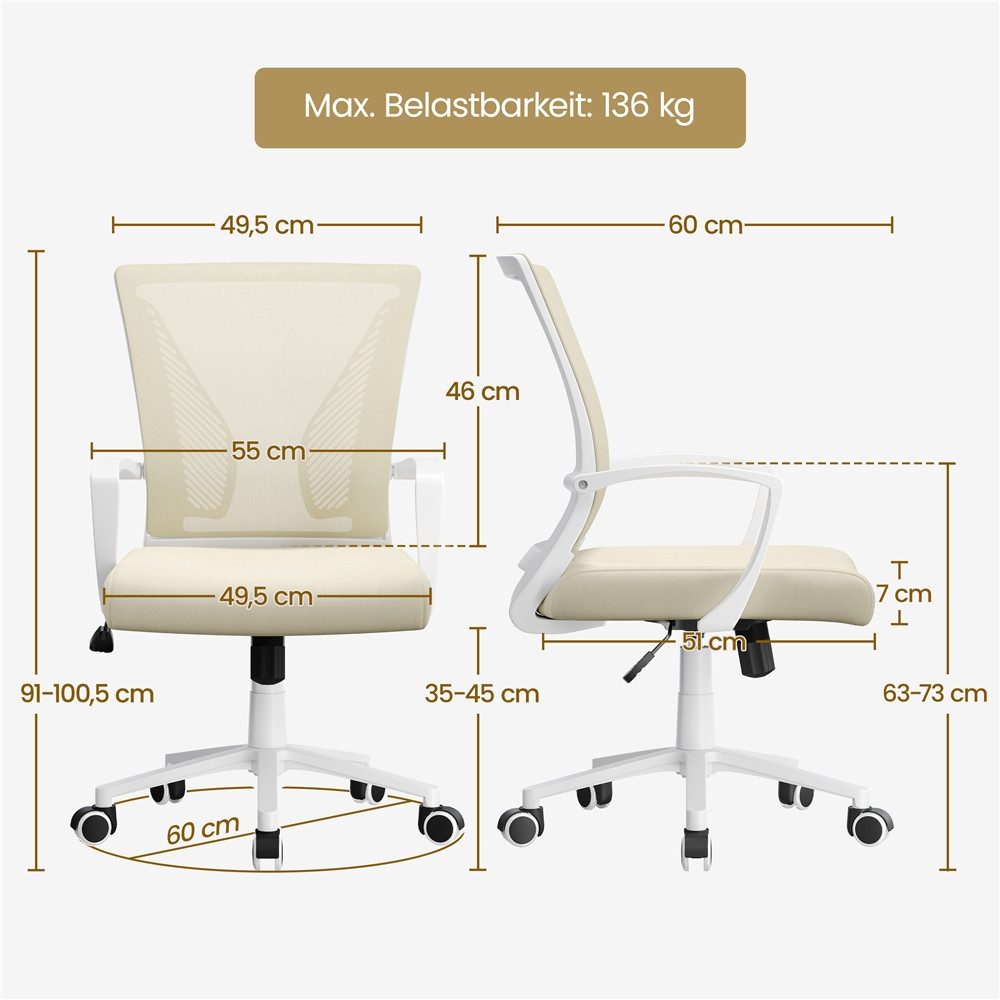Yaheetech Bürostuhl aus Mesh-Gewebe Höhenverstellbarer Schreibtischstuhl, Ergonomischer Drehstuhl Arbeitsstuhl Computerstuhl mit Wippfunktion – Bild 4 von 5