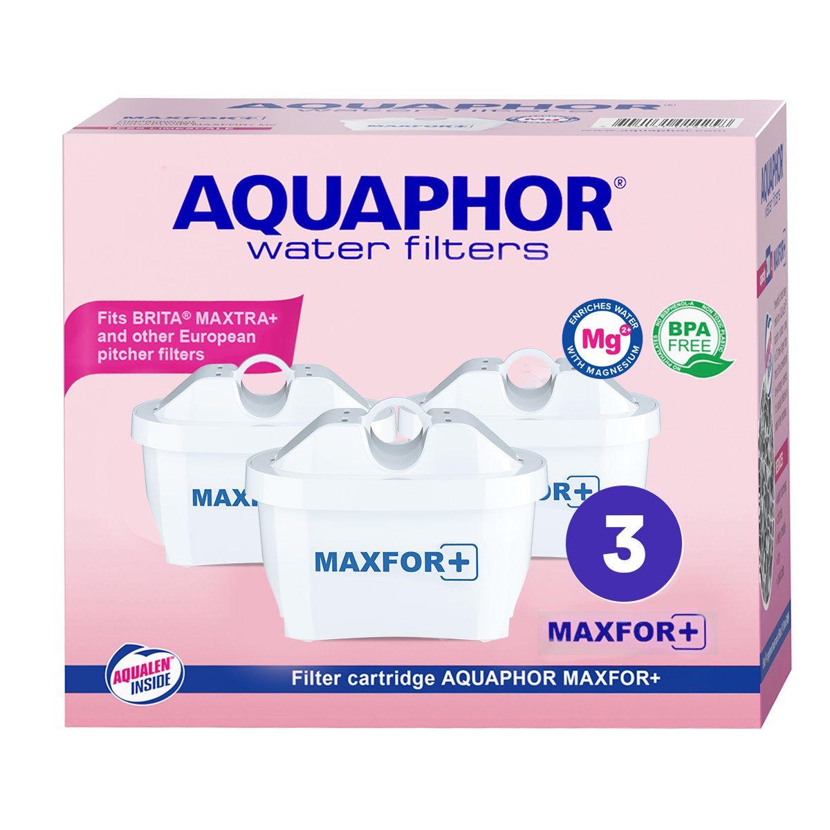 AQUAPHOR Kalk- und Wasserfilter MAXFOR+ Mg. Pack 3 - gegen Kalk, Chlor & weitere Stoffe, Zubehör für AQUAPHOR Modellen Onyx und Jasper als auch Amethyst sowie mit vielen weiteren Tischwasserfiltern anderer Hersteller, AQUALEN Technologie, BPA frei. Mit Magnesium.