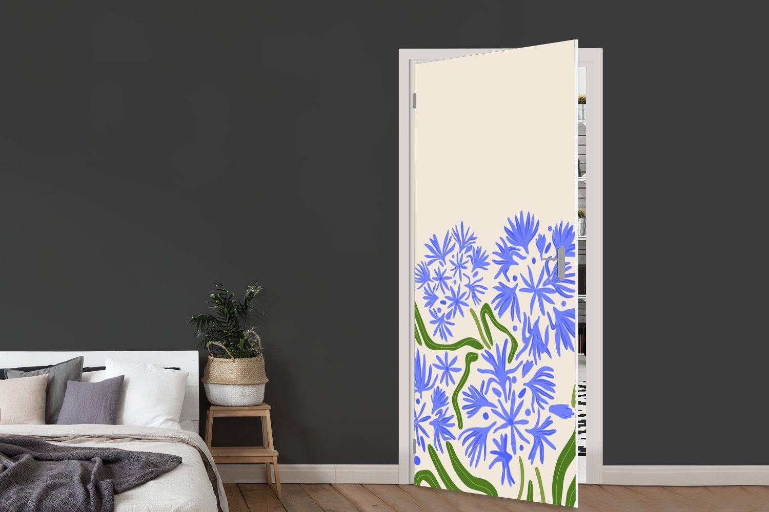 Tür, bedruckt, 75x205 (1 Türtapete MuchoWow cm Türaufkleber, Blume Fototapete Blau - Matt, Einfach, Blatt - St), für -