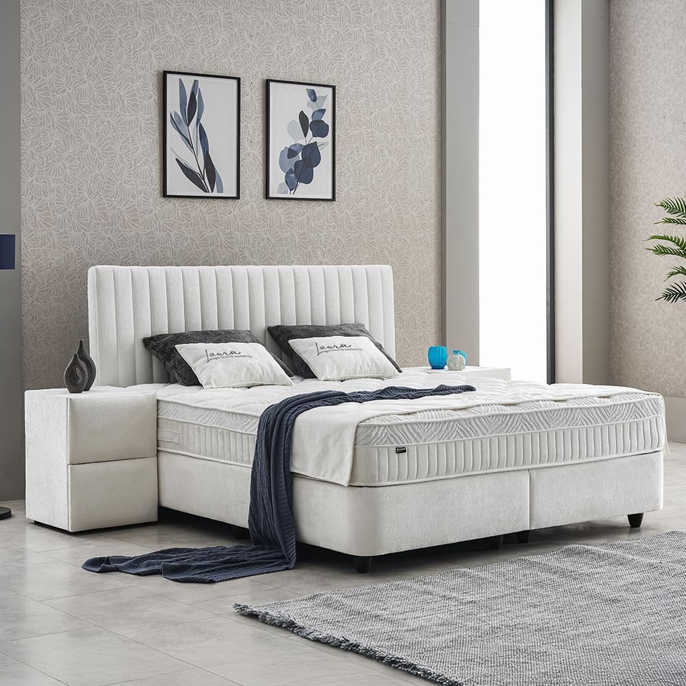 abc bedding Boxspringbett Komfortbett LAURA in stillvollem creme Stoffdesign (Bett mit Topper, inkl. Matratze und Topper), Voll-orthopädisches Schlafsystem inklusive Bettkasten