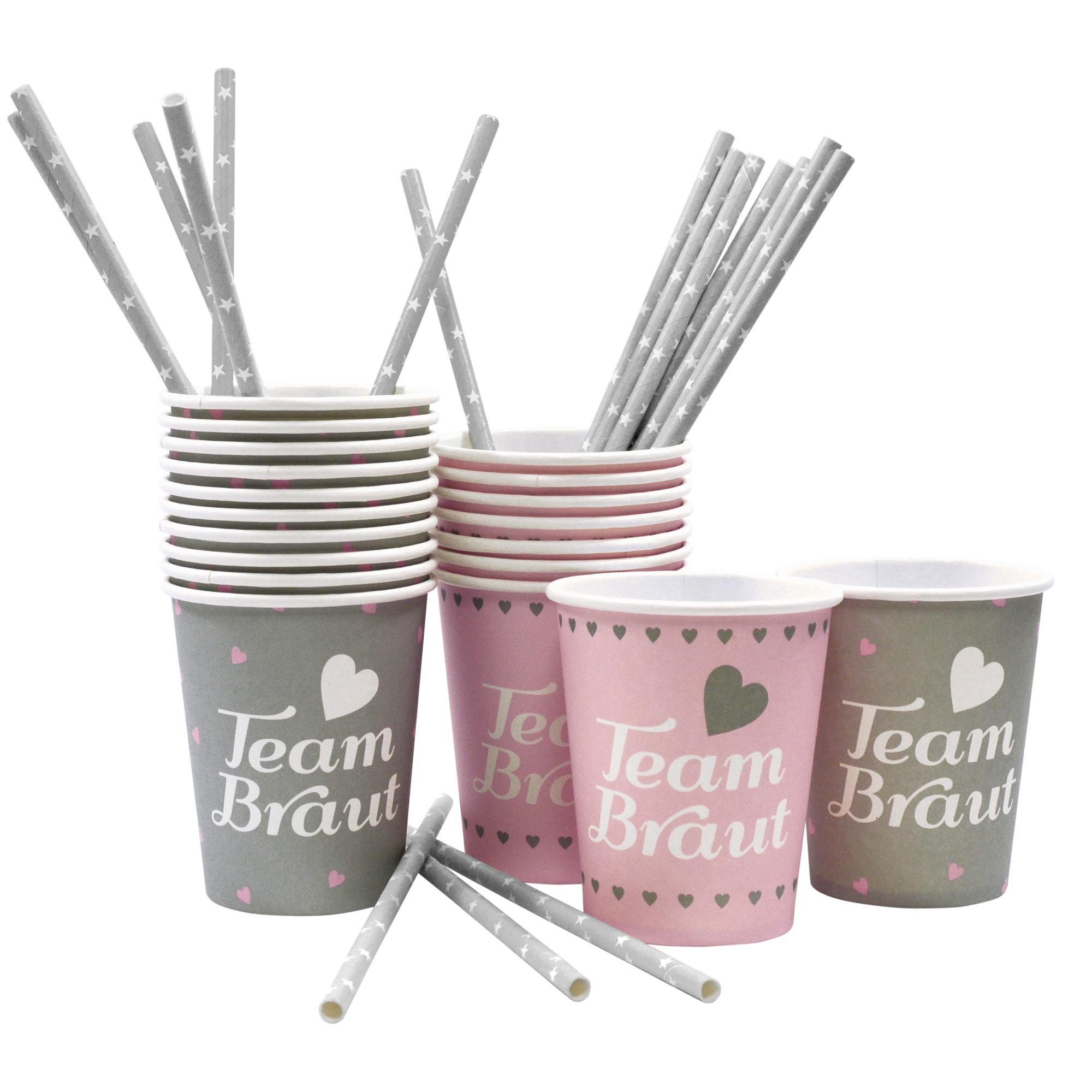 Frau WUNDERVoll Papierdekoration 24 JGA Pappbecher Team Braut, rosa,grau inkl. Strohhalme grau