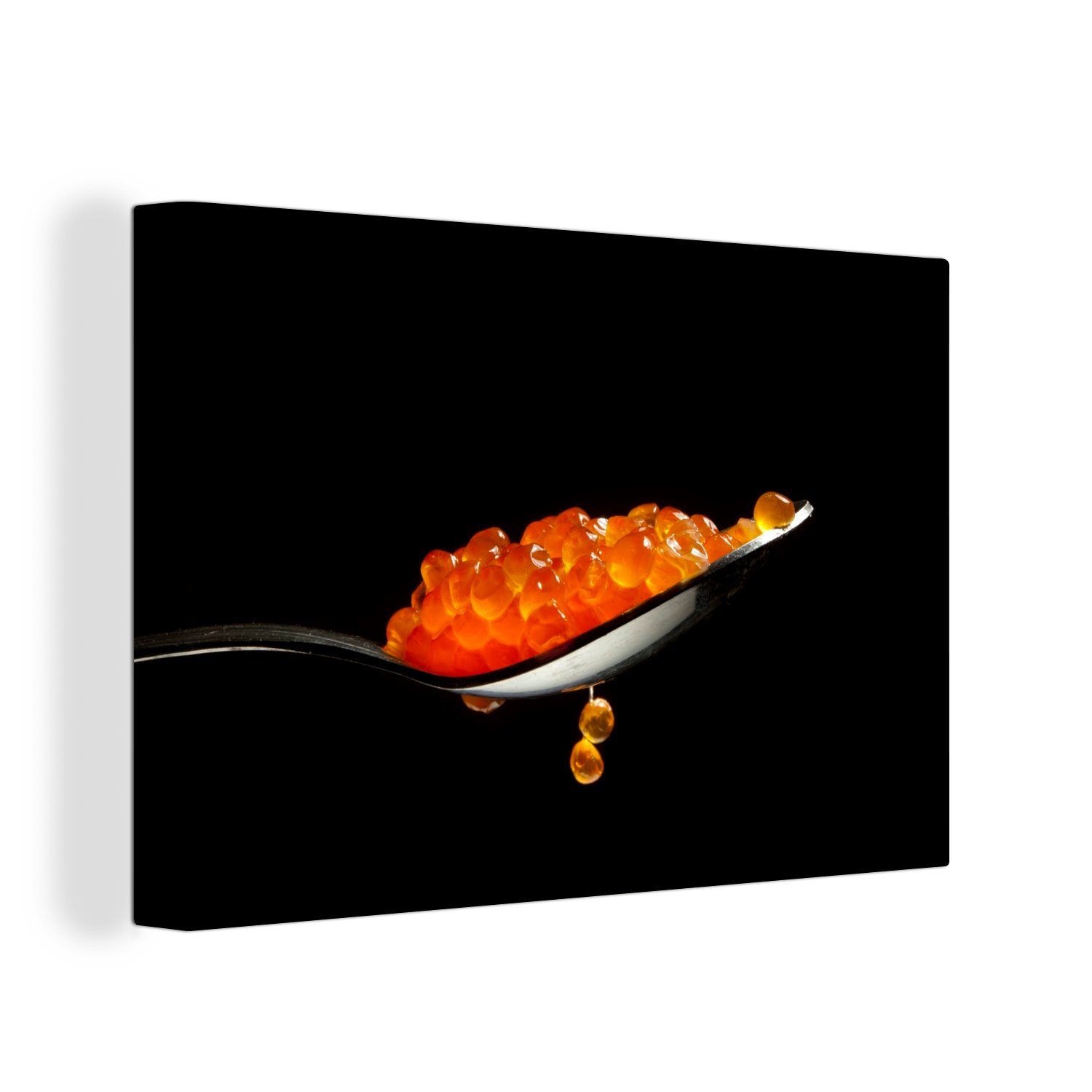 OneMillionCanvasses® Leinwandbild Roter Kaviar auf einem Löffel mit schwarzem Hintergrund, (1 St), Wandbild Leinwandbilder, Aufhängefertig, Wanddeko, 30x20 cm