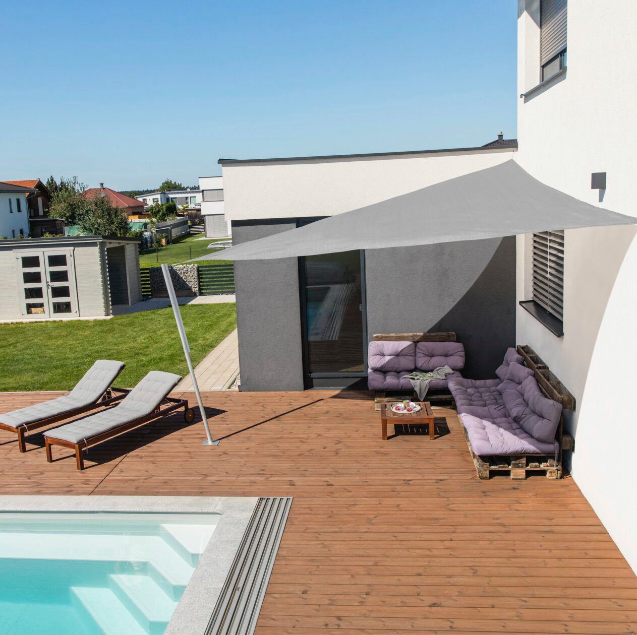 Windhager Sonnensegel Capri, Dreiecksegel zur Beschattung von Garten, Terrasse, Balkon, (1-tlg), Sonnenschutz 5x5x5 m, erhältlich in grau, champagner, reed oder weiß