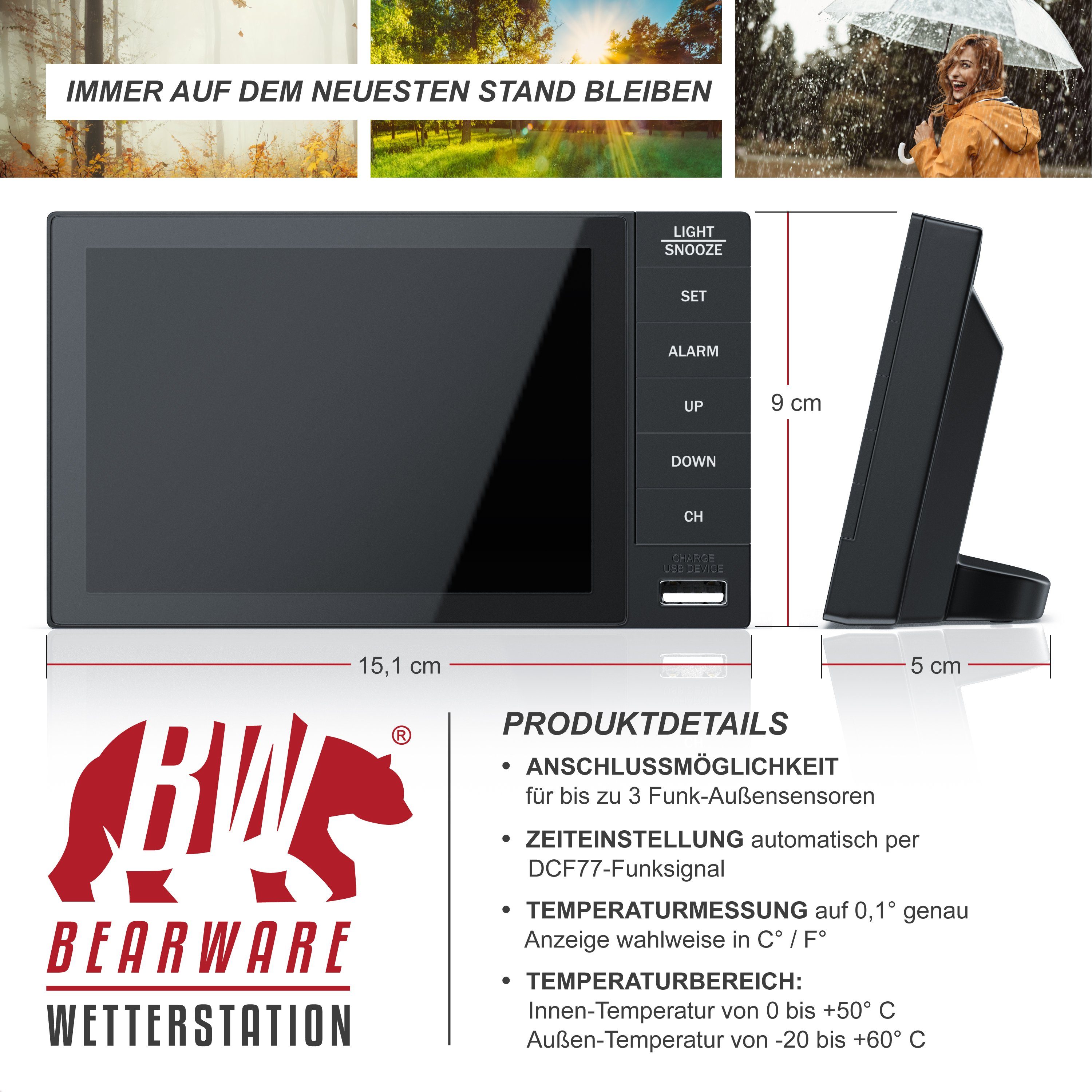 BEARWARE Funk, mit Farbdisplay, Wireless Funksensor/Außensensor, DCF Funkuhr Wetterstation (mit Außensensor, Thermometer, Mondphasen, Luftfeuchtigkeit, Wettervorhersage usw)