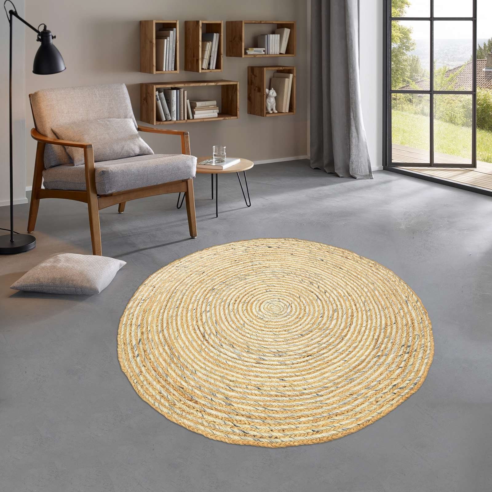 Teppich Jute Teppich Wooly natur rund Flachgewebe Boho Modern, TaraCarpet,  rund, Höhe: 5 mm, Sisal optik Wolle grau Wohnzimmer Esszimmer Flur 120x120  cm rund