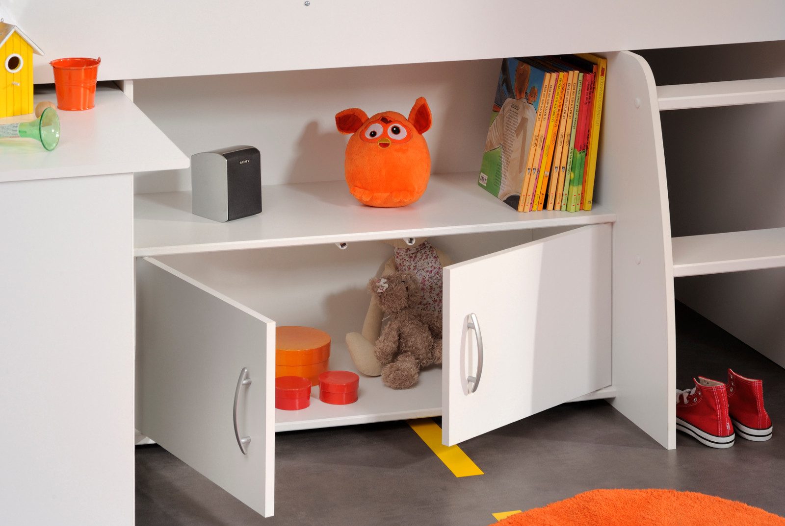Parisot Hochbett Releave (Kinderbett in weiß mit Schreibtisch, 90 x 200 cm) kein Lattenrost erforderlich
