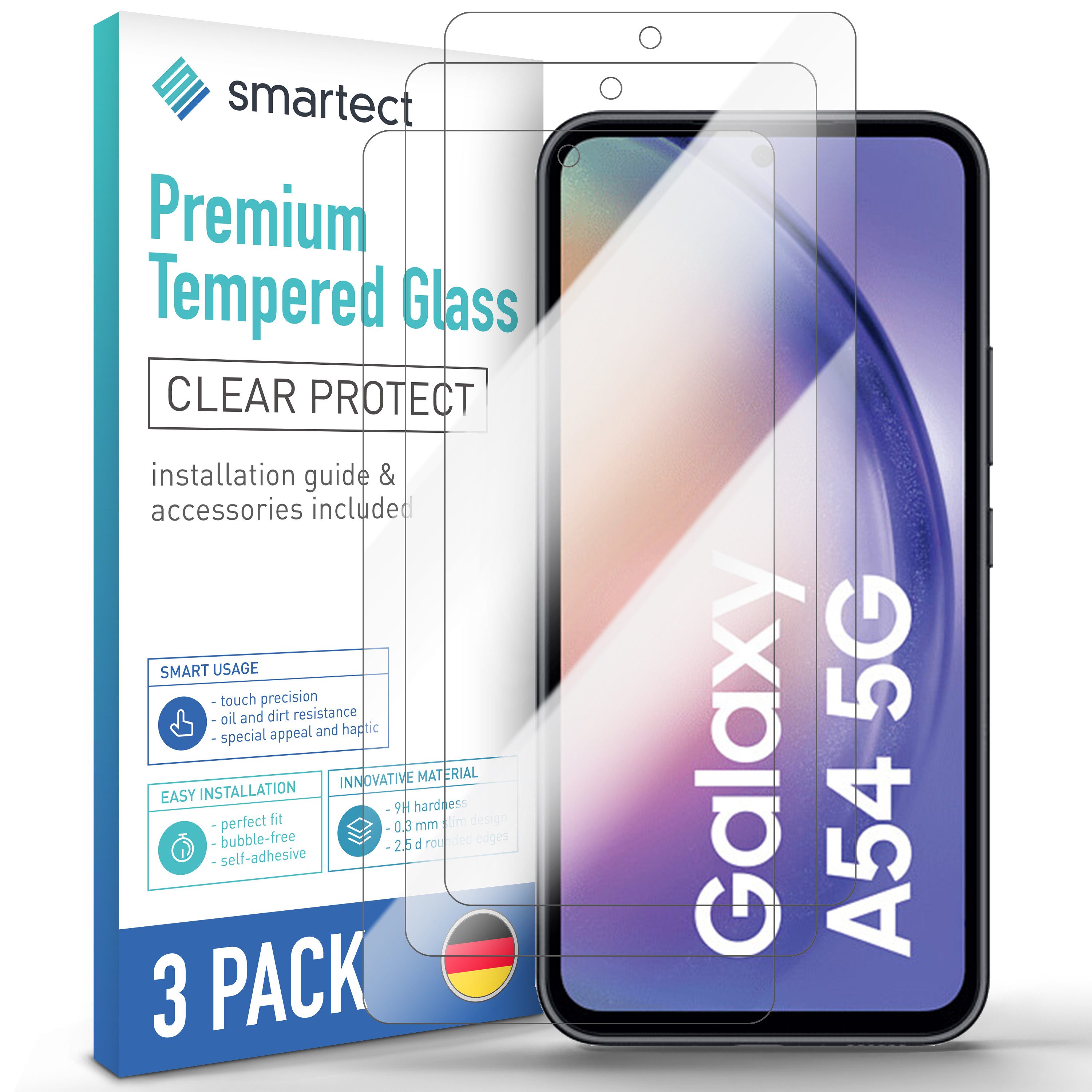 smartect Displayschutzglas Schutzglas Panzerfolie Klar für Samsung Galaxy A54 5G, Set, 3 Stück, Schutzfolie Glasschutz Bildschirm