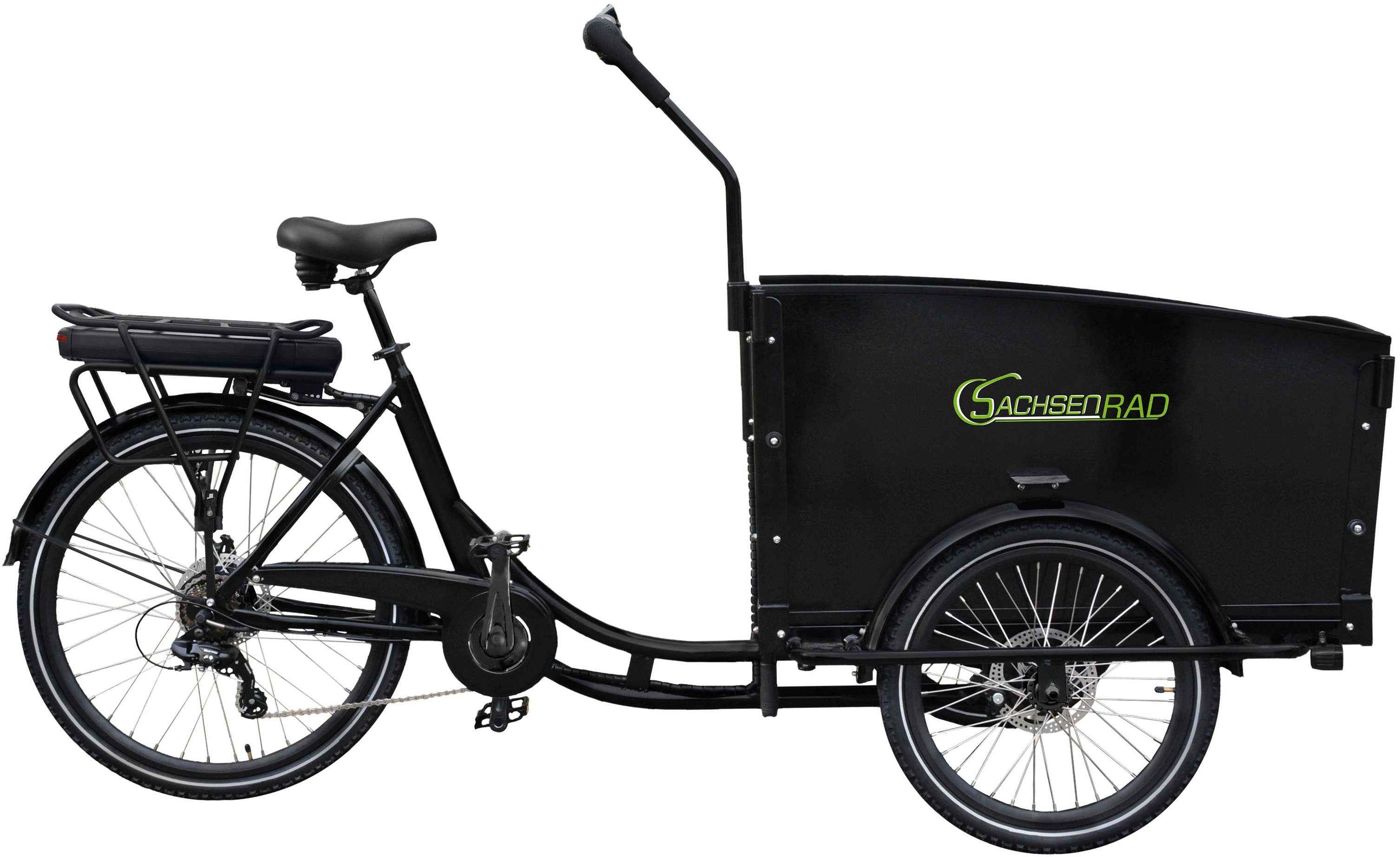 SachsenRad E-Bike Lastenrad T1, 7 Gang Shimano Shimano 7-Gang-Kettenschaltung Schaltwerk, Kettenschaltung, Heckmotor, Alarmanlage, Holz-Transportbox, Mitgelieferte Regenabdeckung