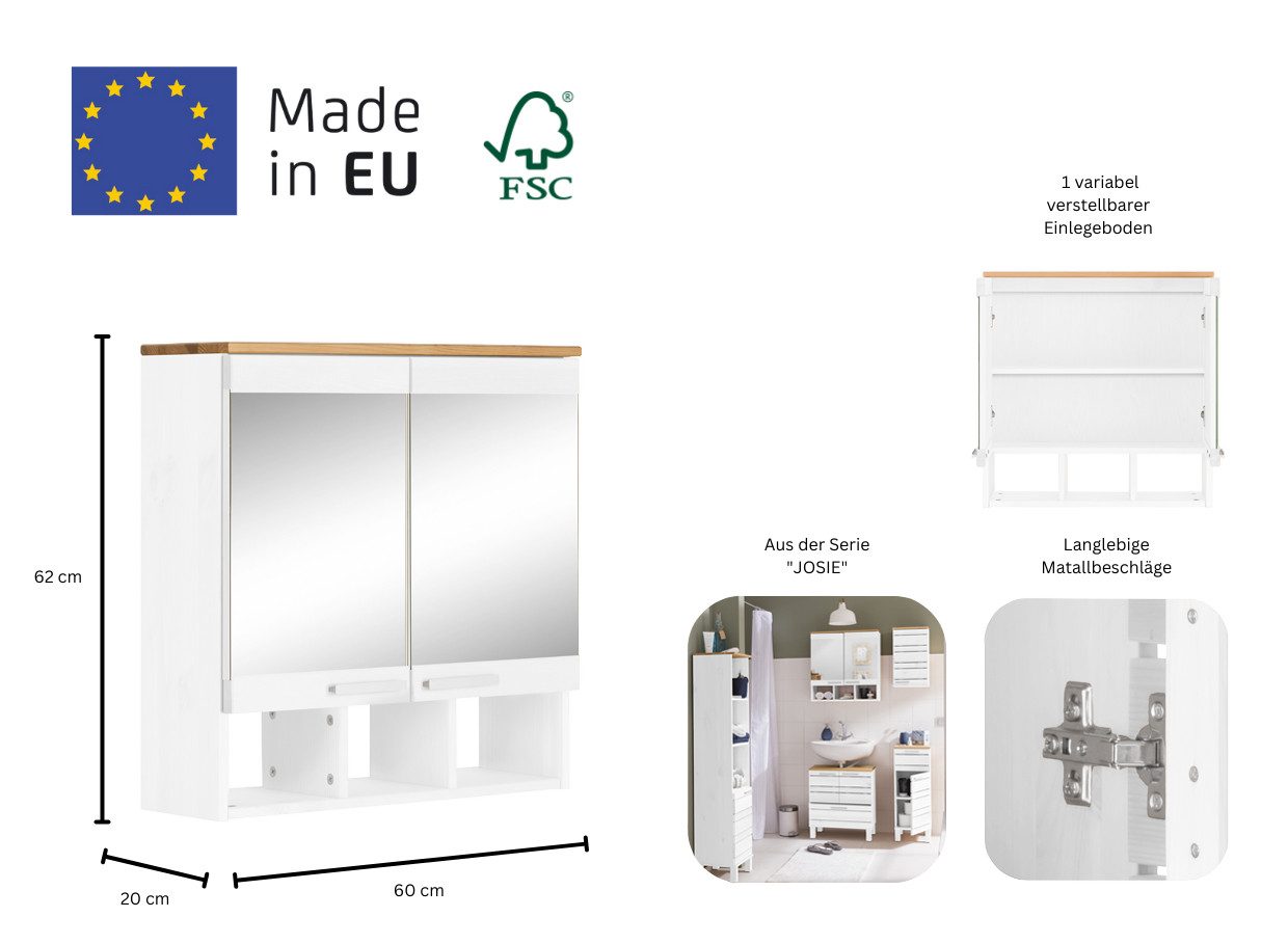 Home affaire Spiegelschrank JOSIE Breite 60 cm, aus Massivholz, verstellbarer Einlegeboden, Metallgriffe