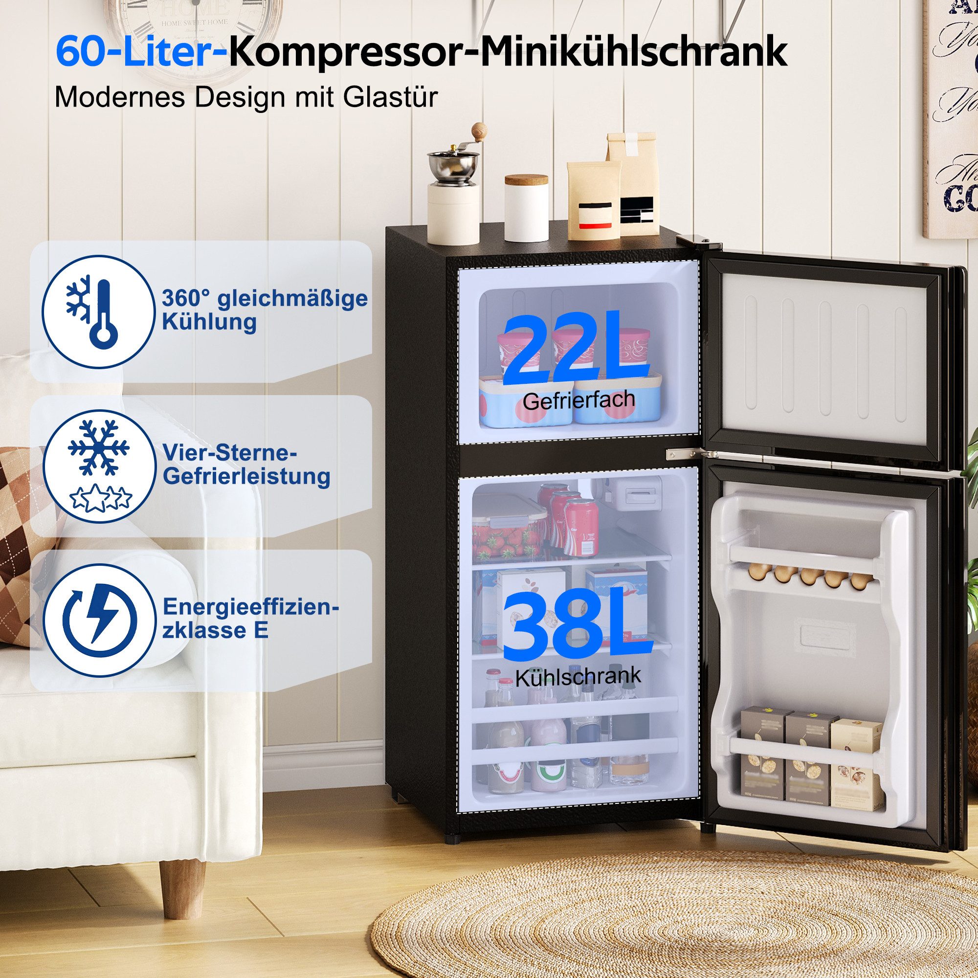Merax Table Top Kühlschrank Freistehend, Minikühlschrank 60L mit Gefrierfach 22L BCD-86AB, 87.5 cm hoch, 42.5 cm breit, Kompakt Kühlschrank mit Glastür & LED, Leise 45dB, Temperaturregelung
