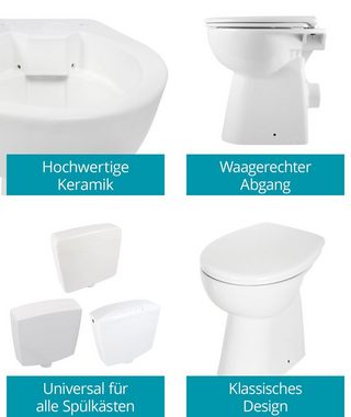 Calmwaters Tiefspül-WC, Bodenstehend, Abgang Waagerecht, Stand WC, spülrandlos, 7 cm erhöht, WC-Sitz mit Absenkautomatik