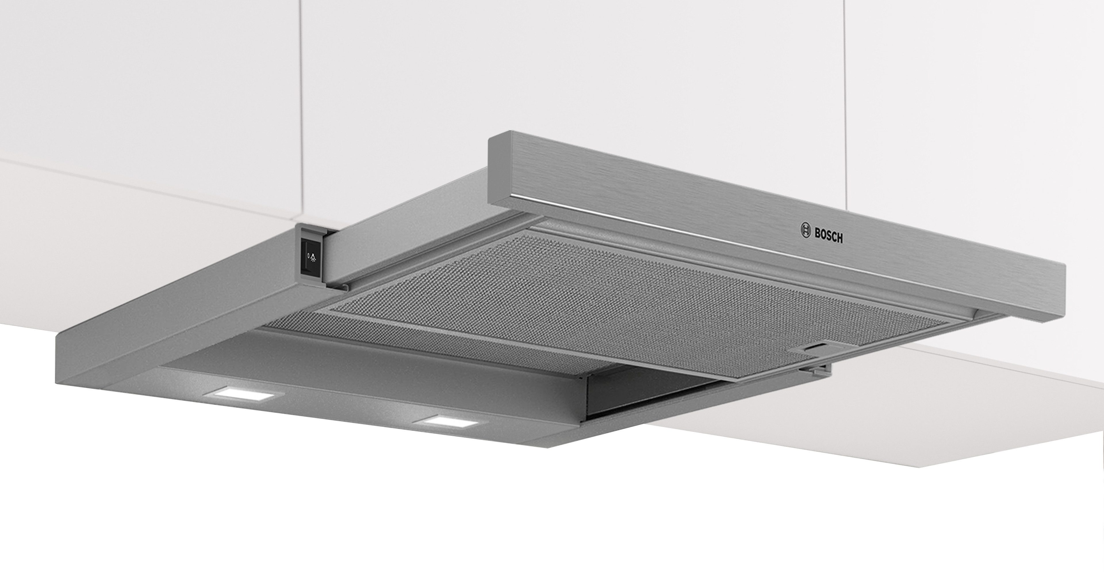 BOSCH Flachschirmhaube DFM064W55 Serie Serie 2 DFM064W55, Helle LED-Kochfeldbeleuchtung & pflegeleichte Metall-Fettfilter