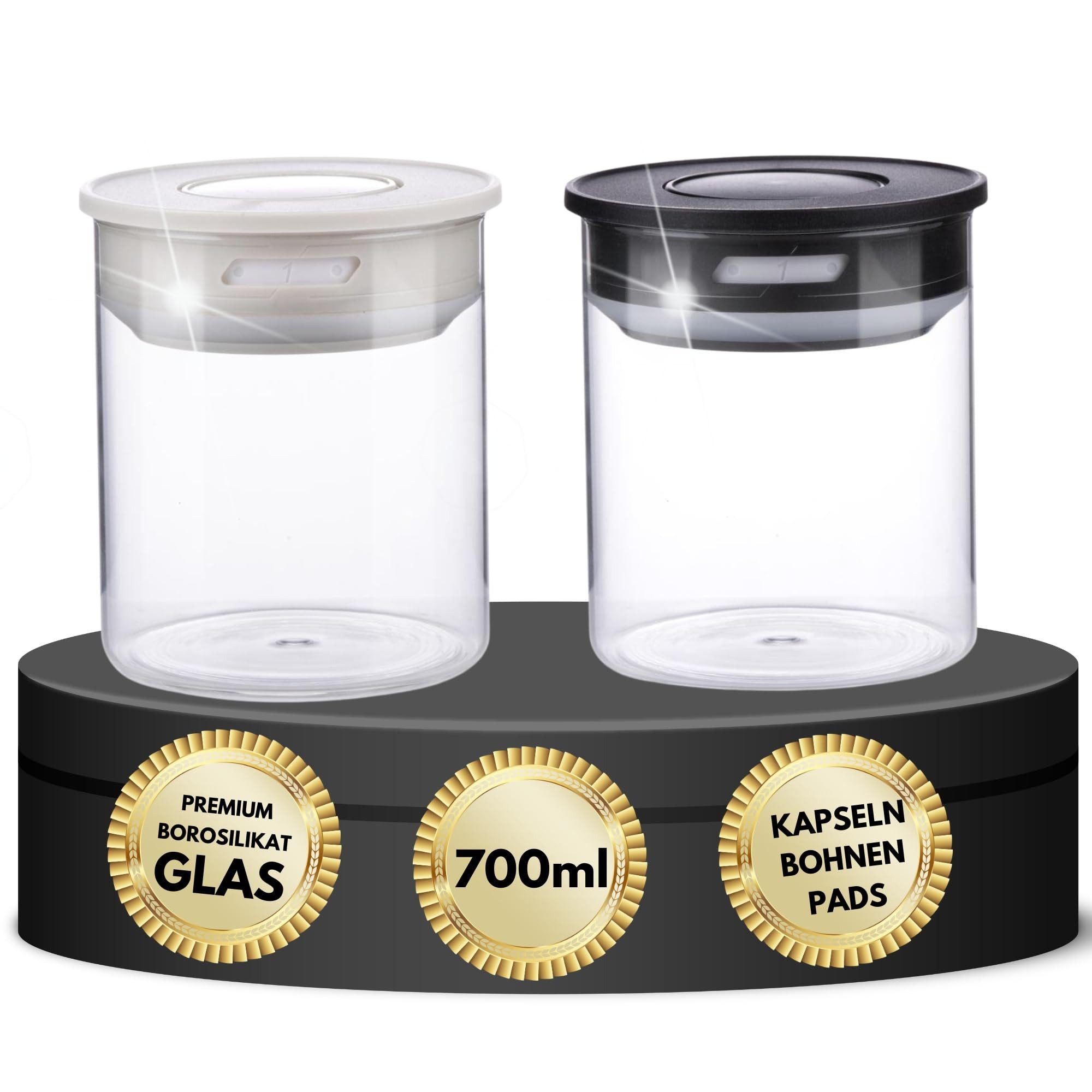 TronicXL Kaffeedose Vakuum Kaffeedose Teedose Vorratsdose Luftdicht für Kaffee Pads Kapsel, Glas, (schwarz kaffeebohnen Pads, 2-tlg., für gemahlenen kaffee), kompatibel mit Nespresso Senseo Kaffeepads Kapseln