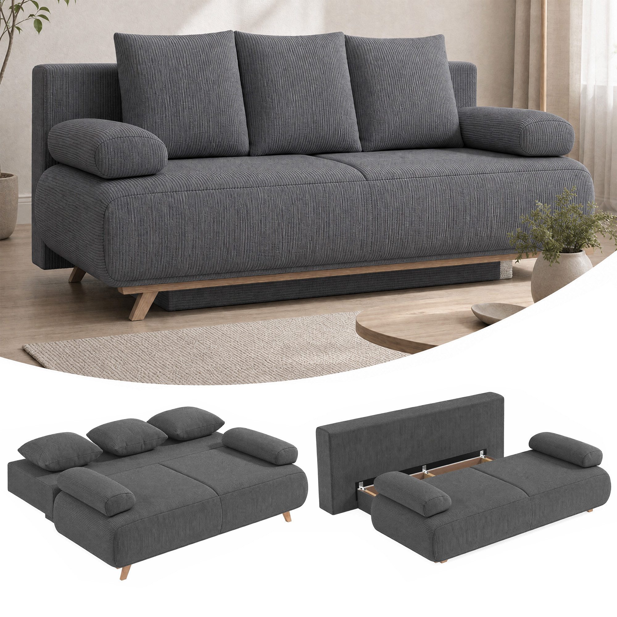 HOMCOM Schlafsofa 3-Sitzer Schlafcouch in Cord-Optik mit 5 Kissen, 188x140cm, Set 1 Teile, 2-in-1 Schlafsofa mit Bettkasten