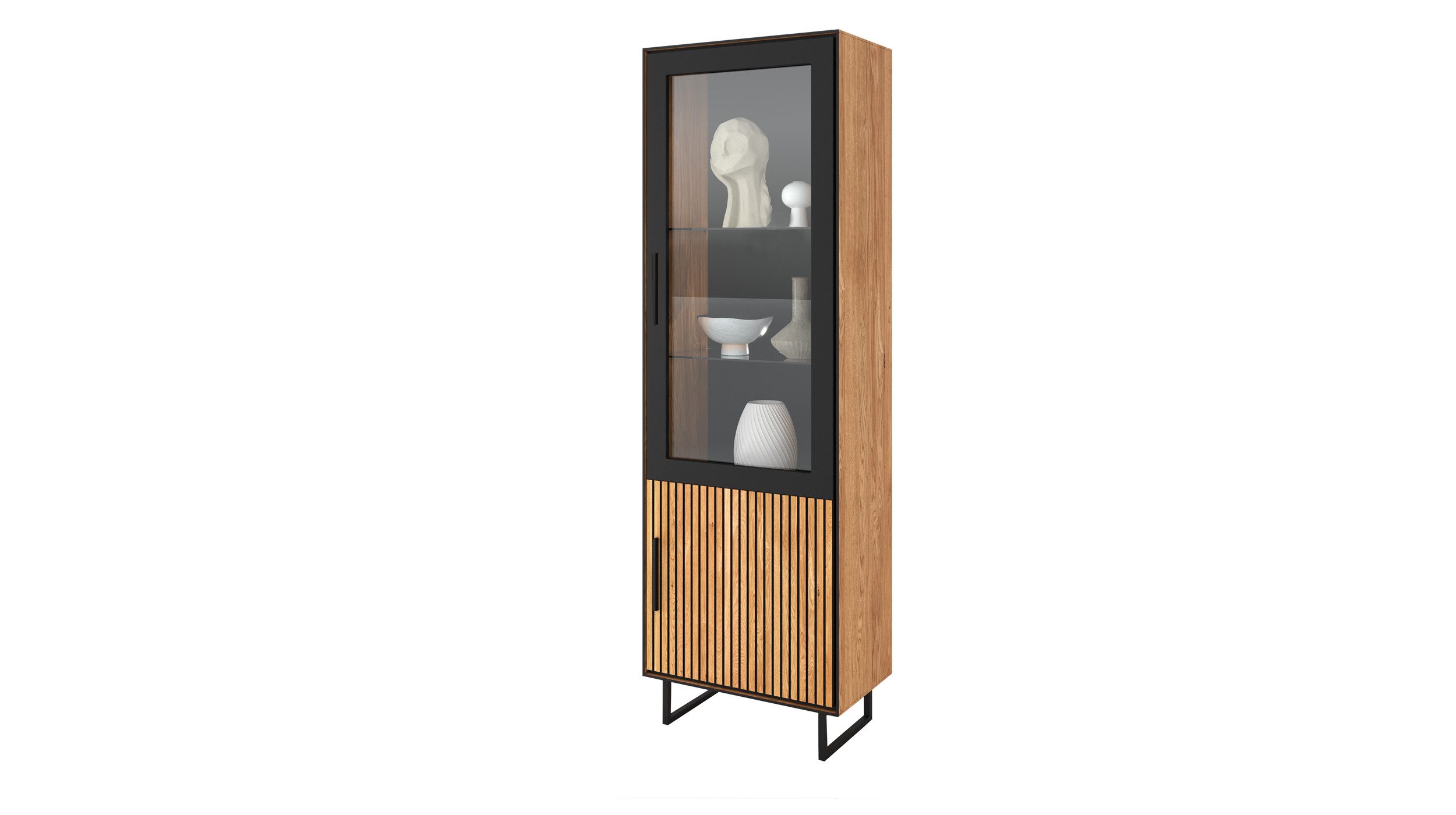 Massivart® Vitrine BELLA Vitrinenschrank mit Glastür / Massivholz Eiche geölt 1 Tür / 2 Glas- und 1 Einlegeboden / Soft-Close / Metallgriffe